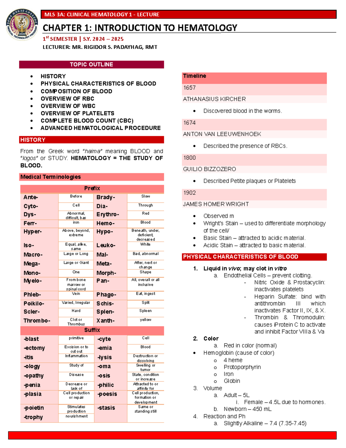 Chapter 1 - Intro to Hematology (1st Sem 2024-2025) Lecture Notes - Studocu