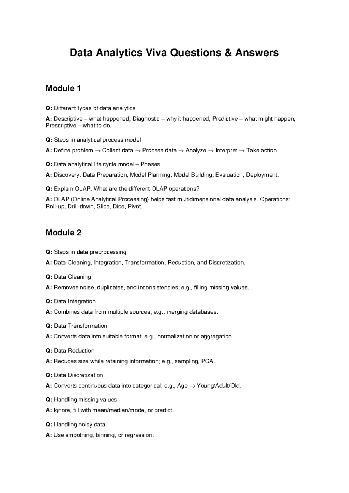 Data Analytics Viva Questions & Answers (Module 1-4) - Studocu