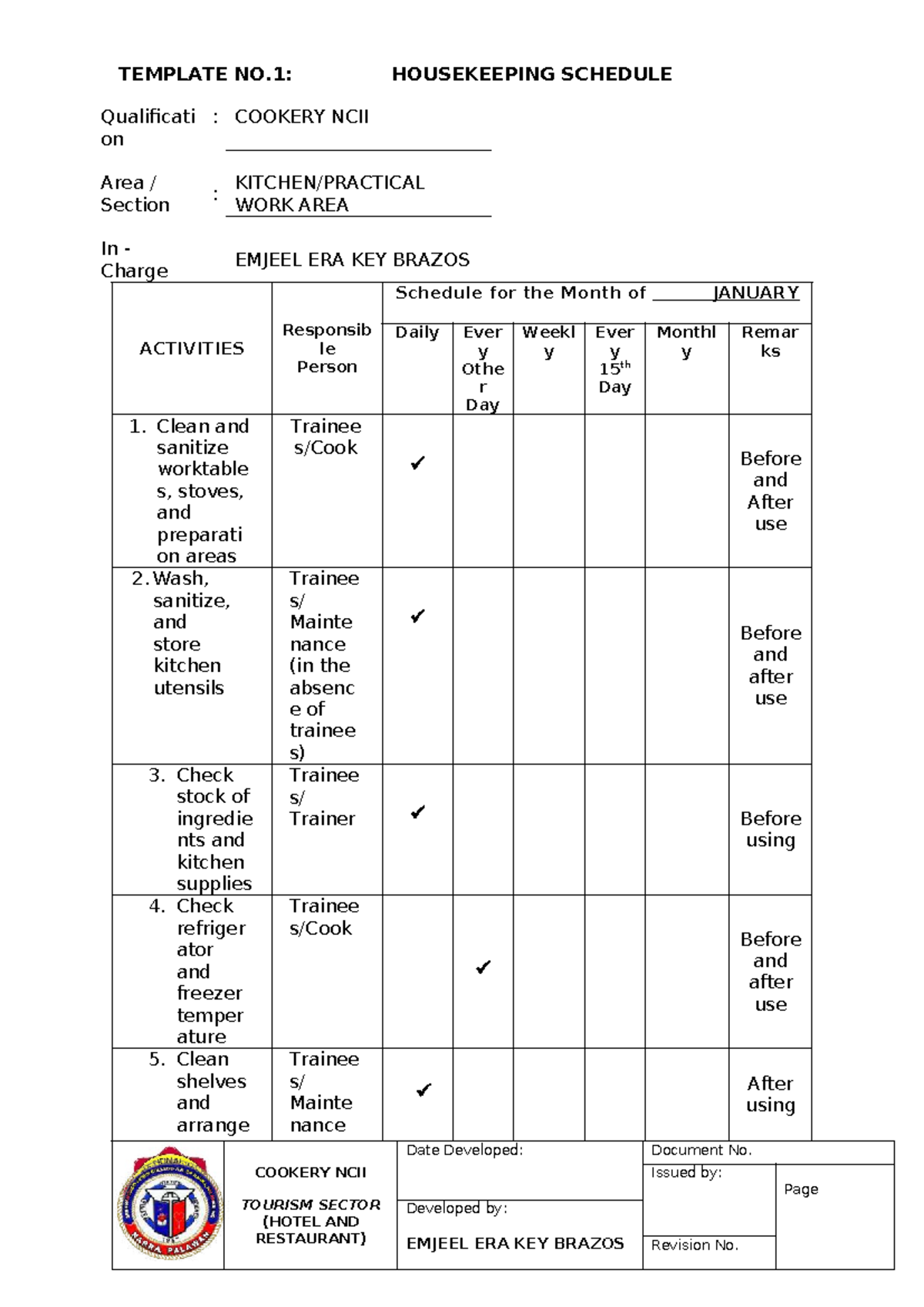 COOKERY NCII: Housekeeping & Equipment Maintenance Templates - Studocu