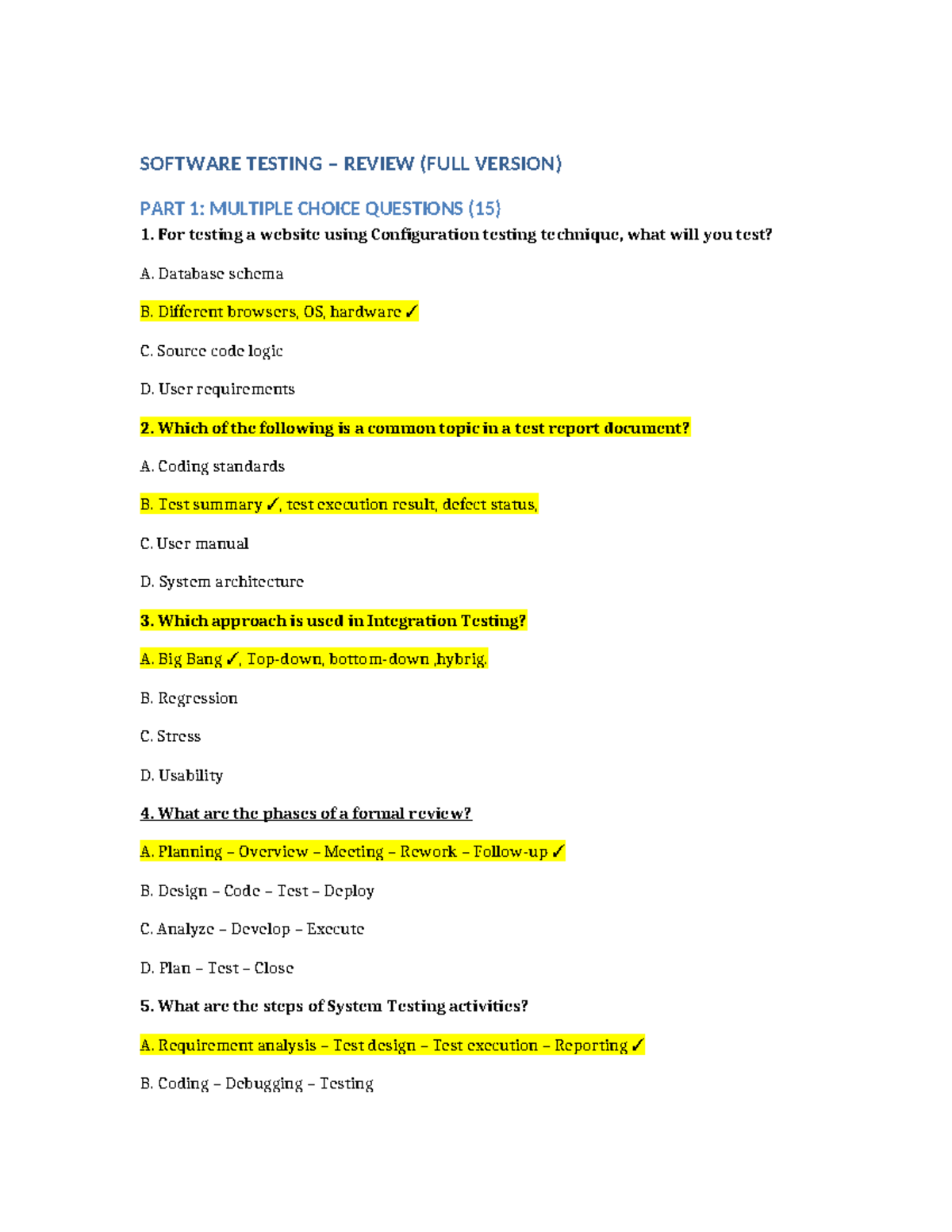 SOFTWARE TESTING (CS101) FULL MCQs & Short Answers Review - Studocu