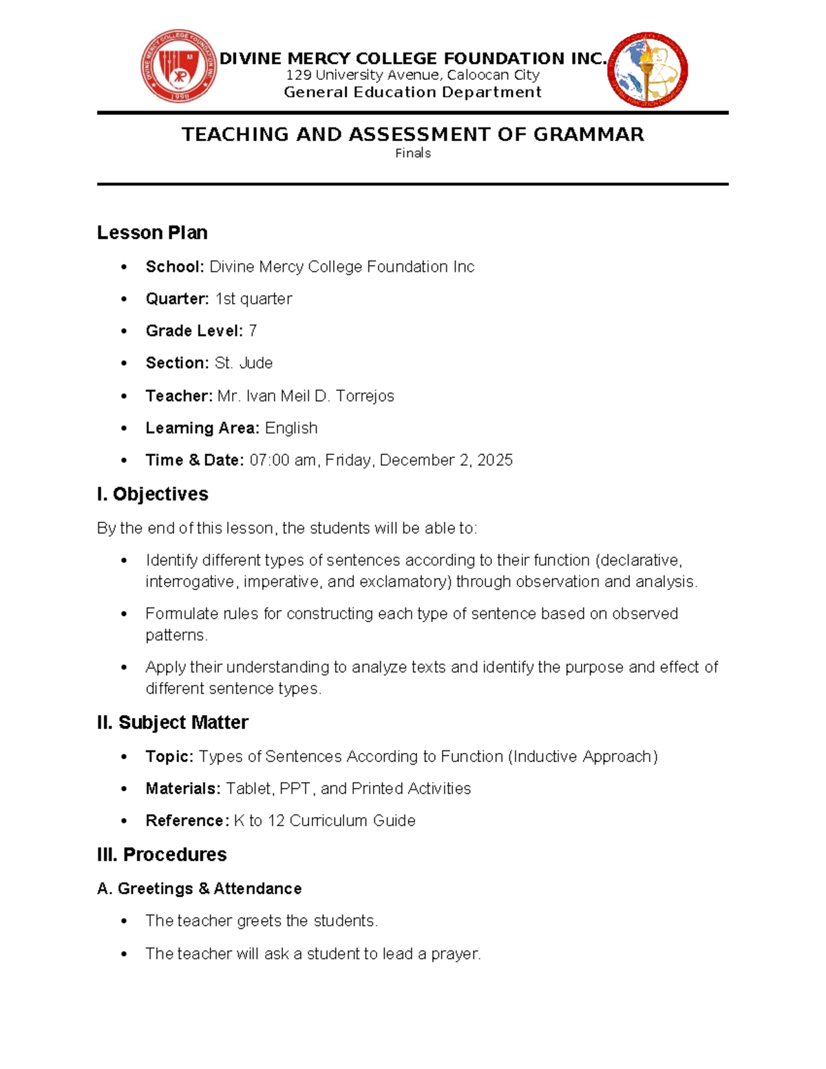 ENG 7: Teaching & Assessment of Grammar - Finals Lesson Plan - Studocu