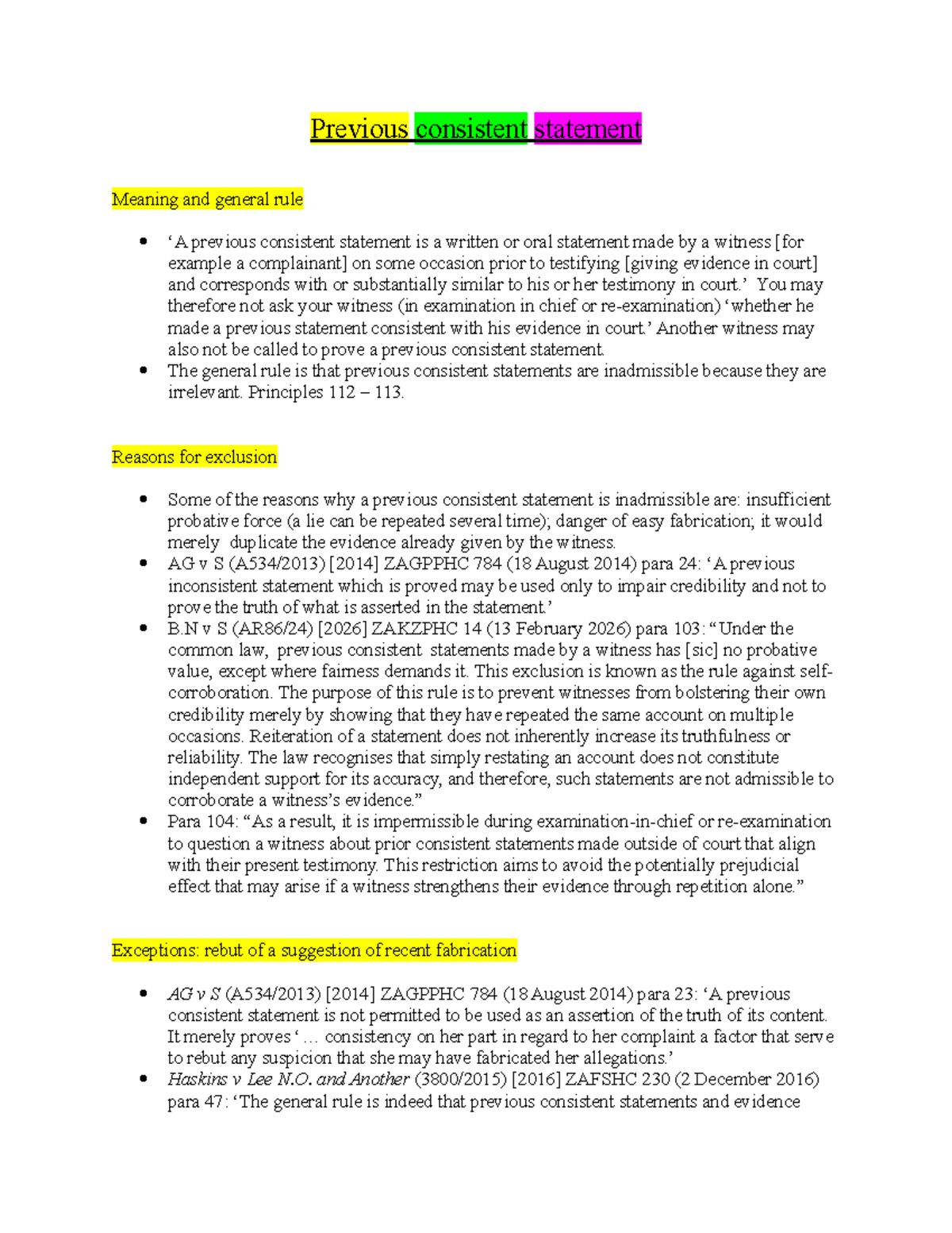 CPEA 2023: Understanding Previous Consistent Statements in Law - Studocu
