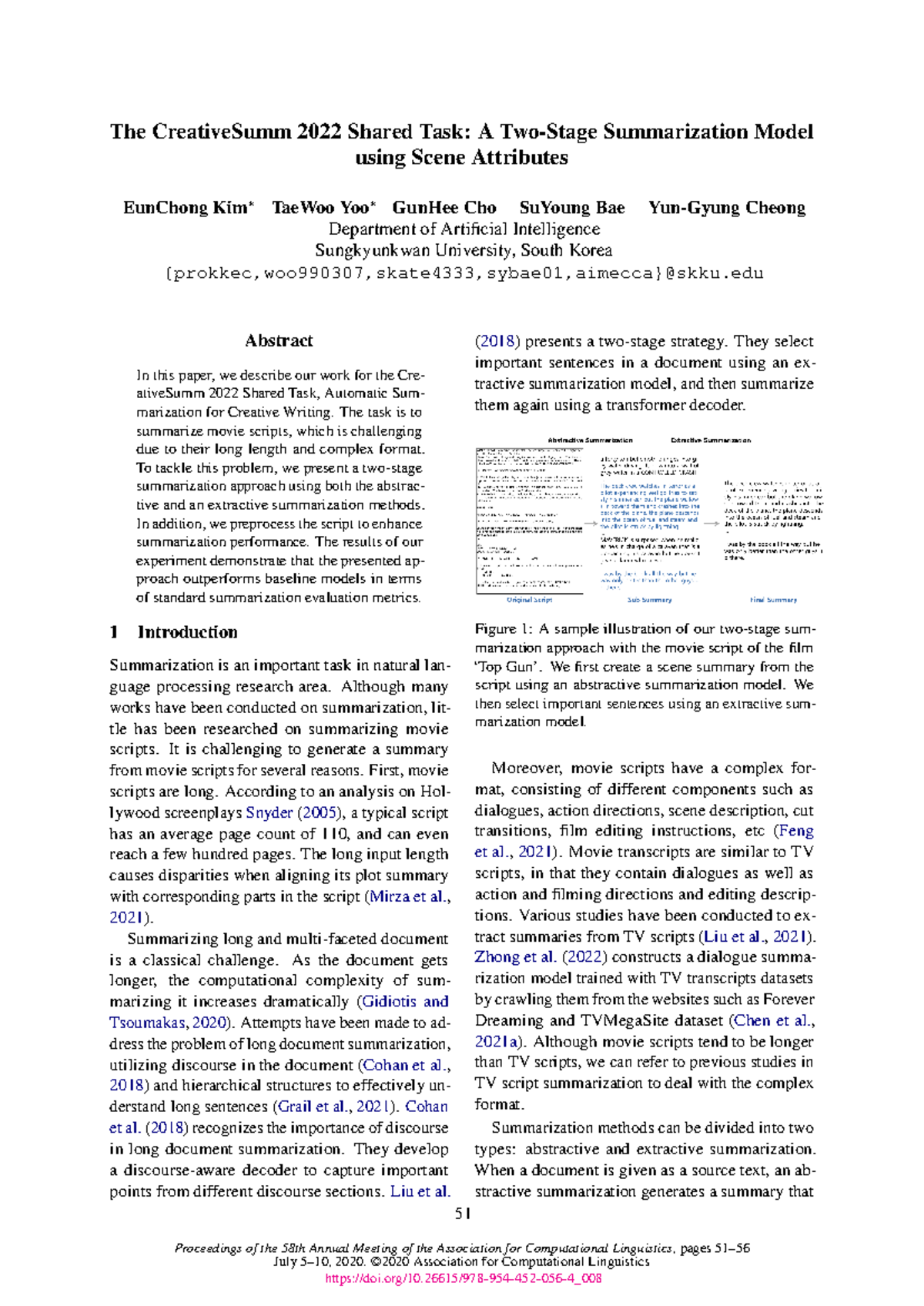 CreativeSumm 2022: Two-Stage Summarization Model for Movie Scripts ...