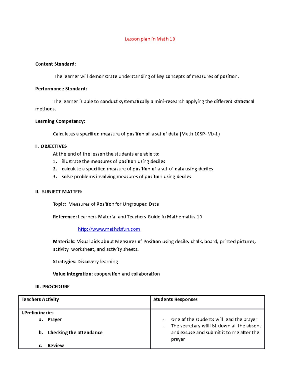 Math 10 Lesson Plan: Understanding Measures of Position Using Deciles ...