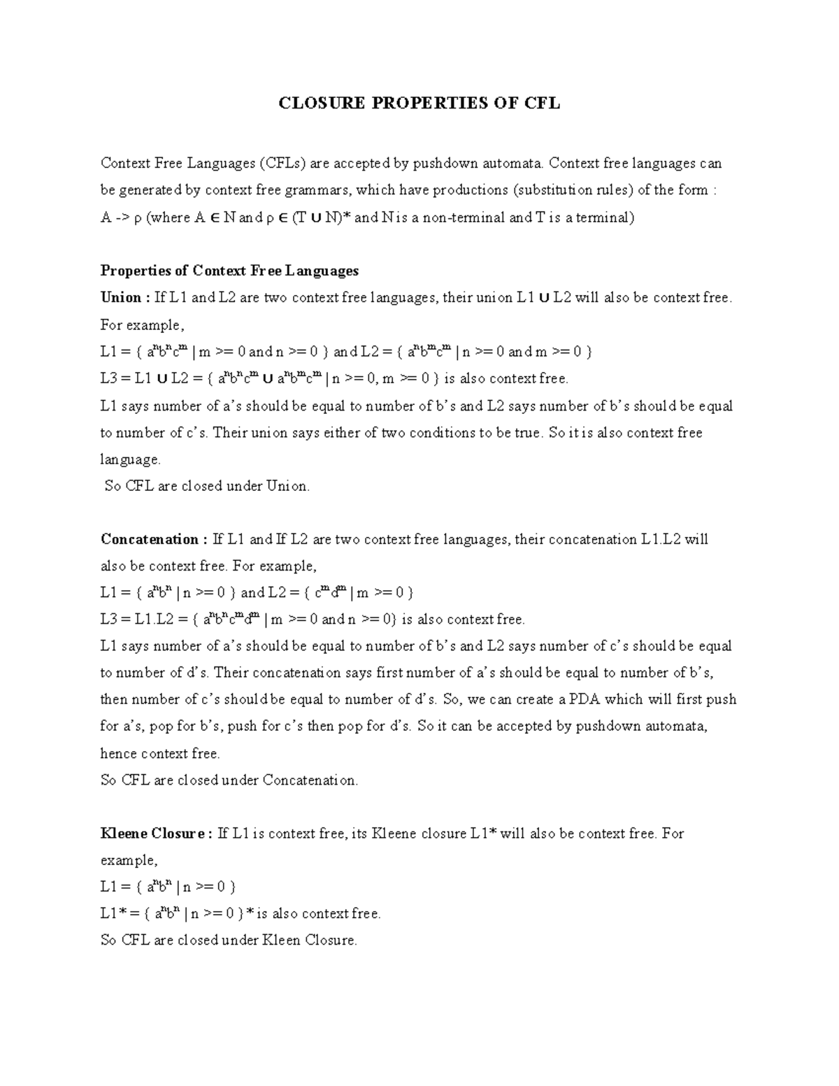 Unit 4: Closure Properties of Context Free Languages (CFL) - Studocu