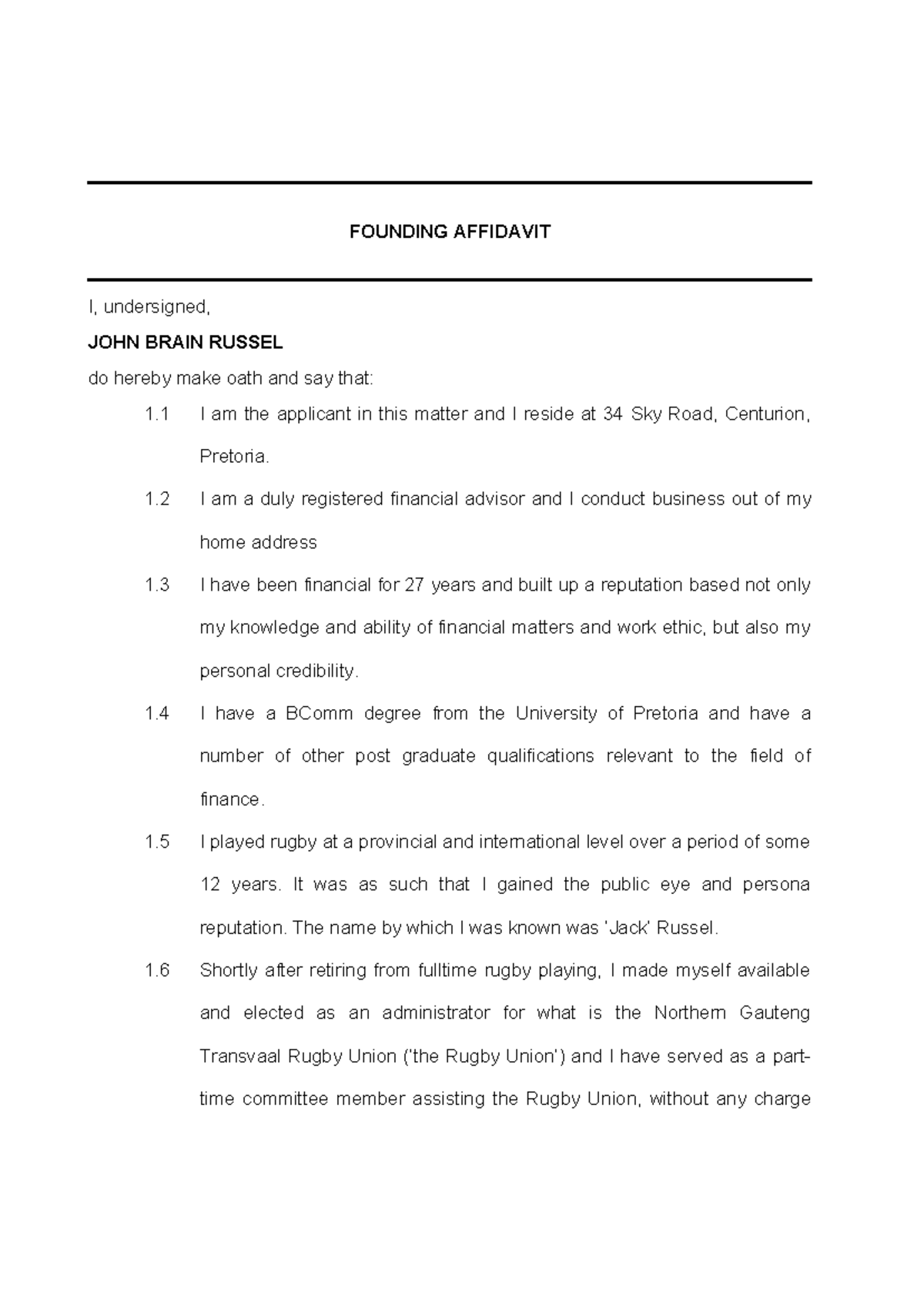Founding Affidavit by John Brain Russel: Legal Context & Statements ...