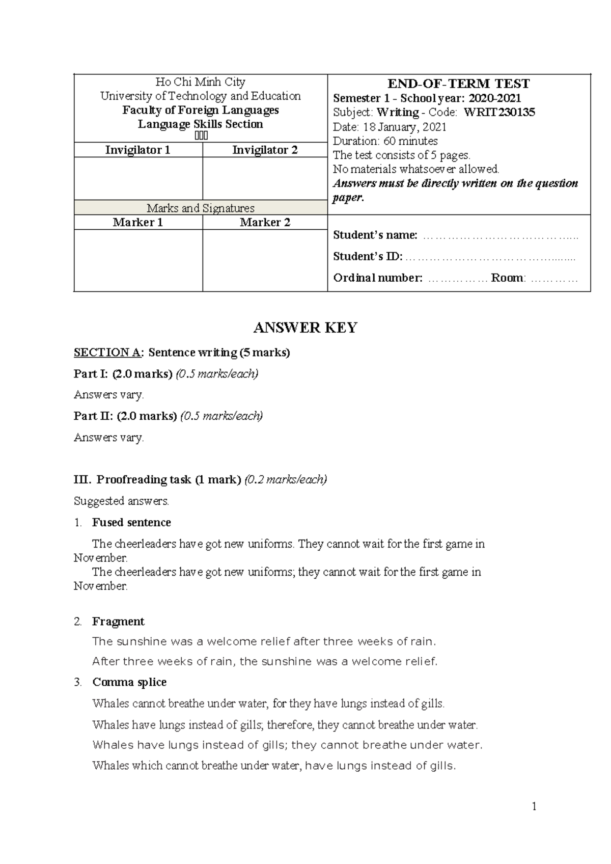 Final Exam WRIT230135 - Basic Writing Answer Key 2020-2021 - Studocu