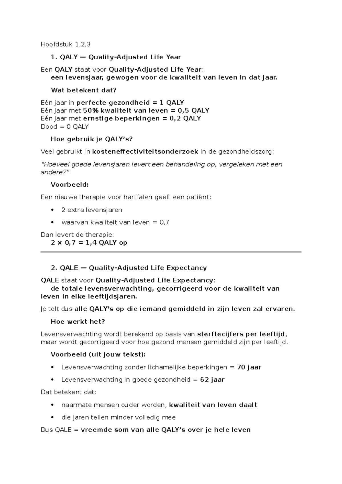Hoofdstuk 1, 2, 3: QALY, QALE, DALY en HALE Uitleg - Studeersnel