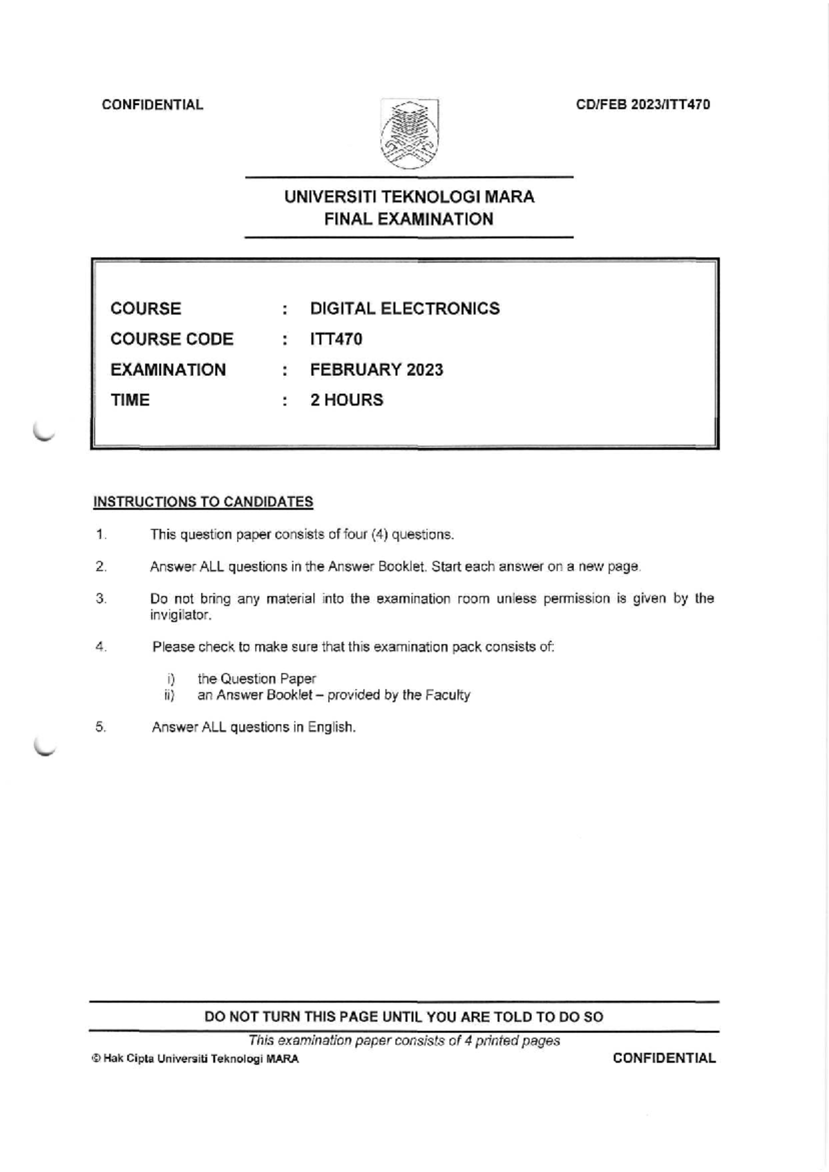 ITT470 Digital Electronics Final Exam Paper - February 2023 - Studocu
