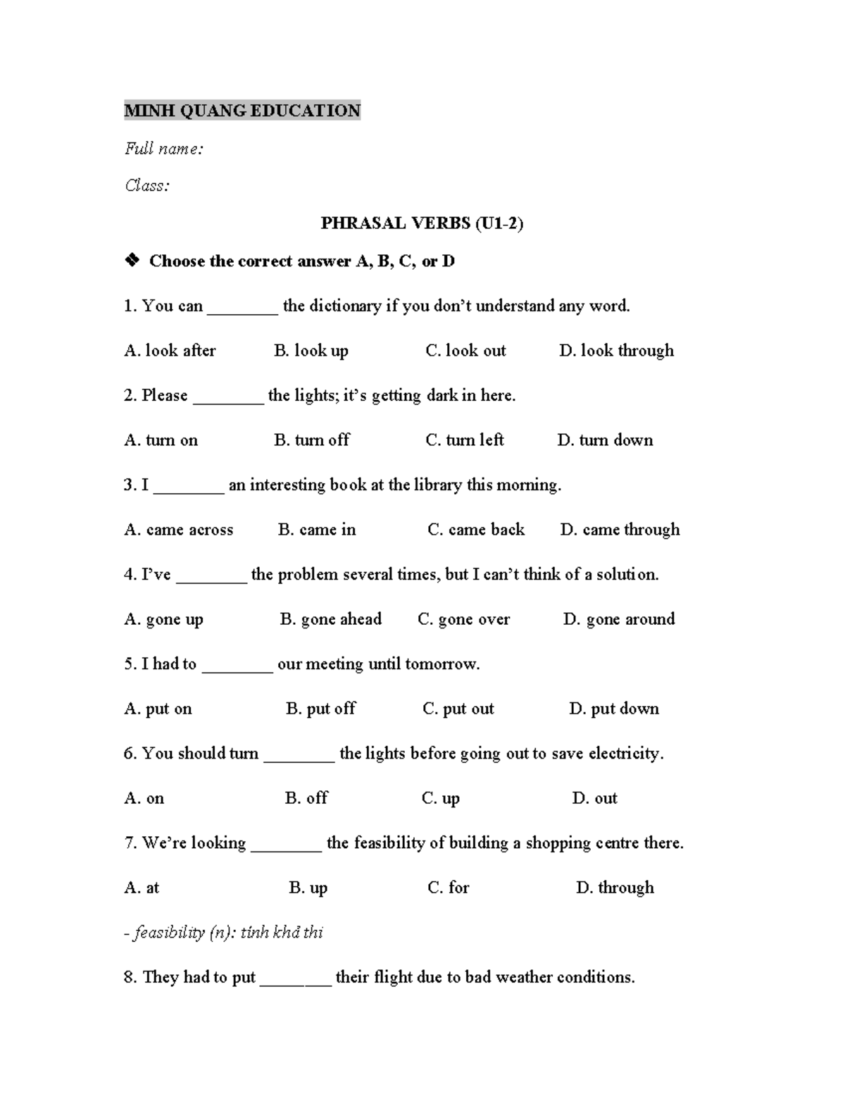PHR 9 Phrasal Verbs Practice Questions for Students - Studocu