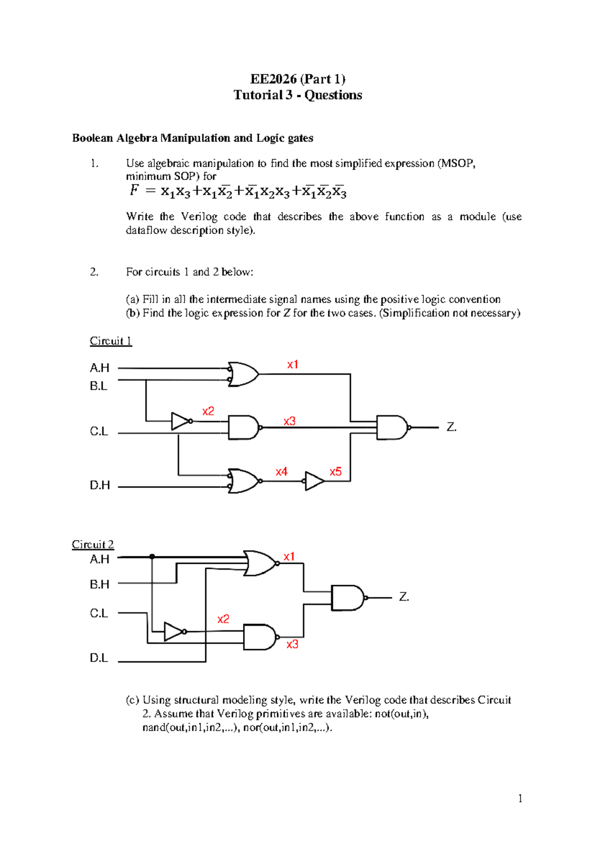 EE2026 P1 Tutorial 3: Boolean Algebra & Verilog Coding - Studocu