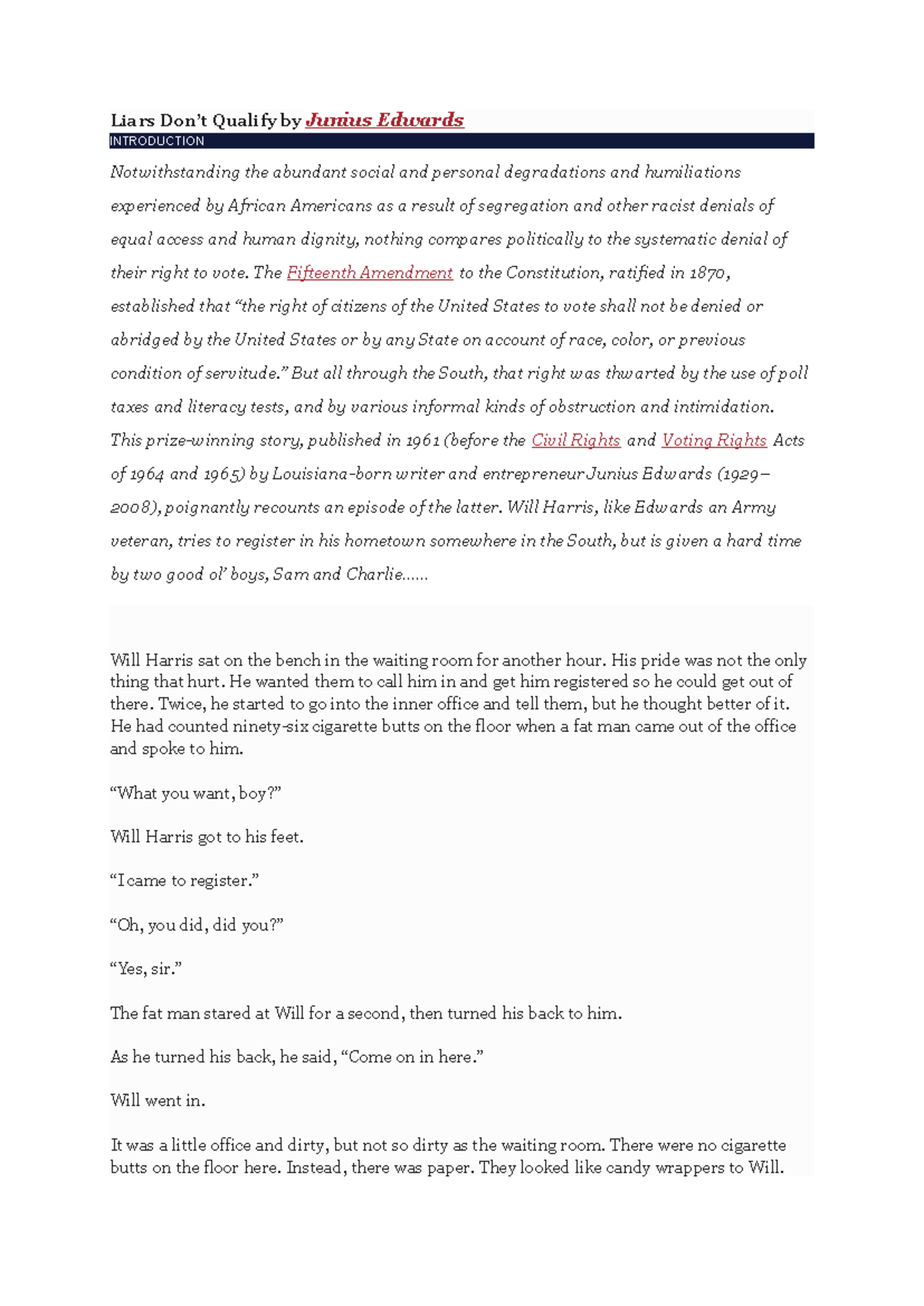 Liars Qualify: Analyzing Junius Edwards' Narrative on Voting Rights ...