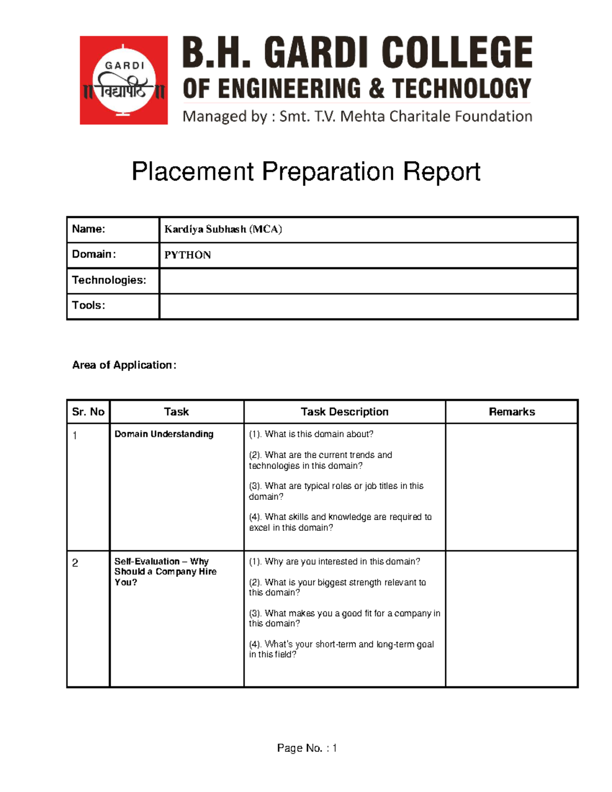 Placement Preparation Report - Format - Page No. : 1 Placement ...