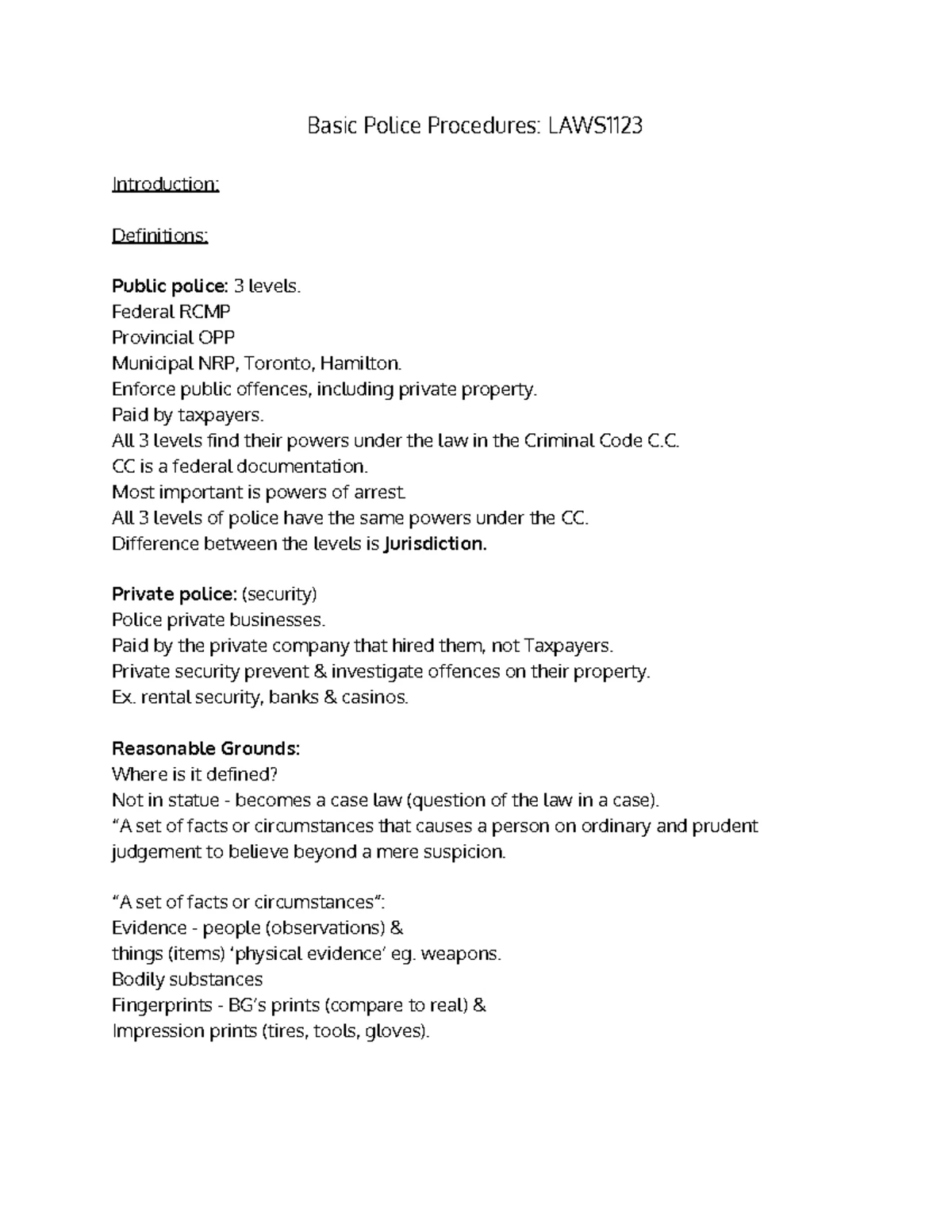 Notes - Basic Police Procedures: LAWS1123 Introduction: Definitions ...