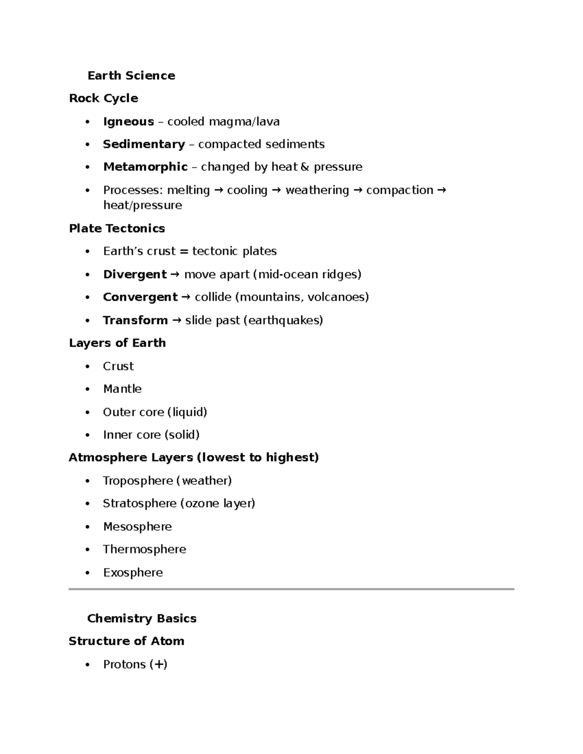 Comprehensive Study Sheet for Earth Science & Chemistry C165 - Studocu