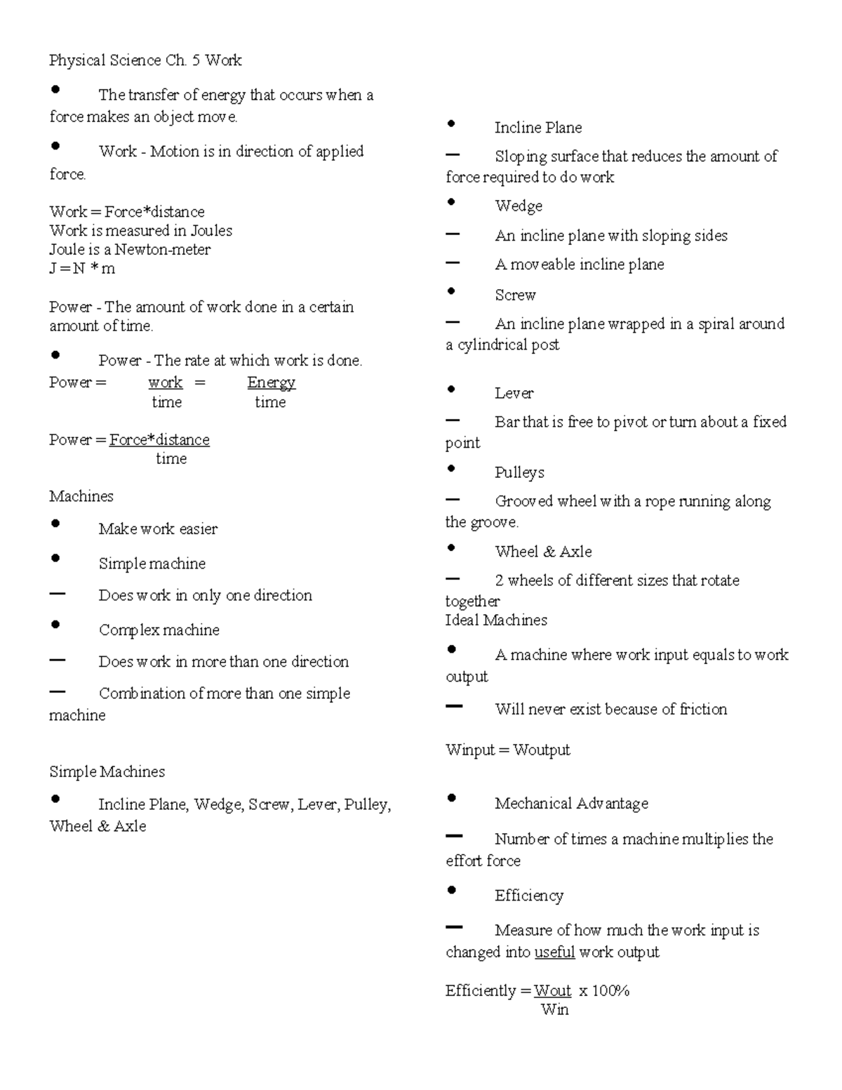 Physical Science Ch. 5: Work and Energy Notes - Studocu