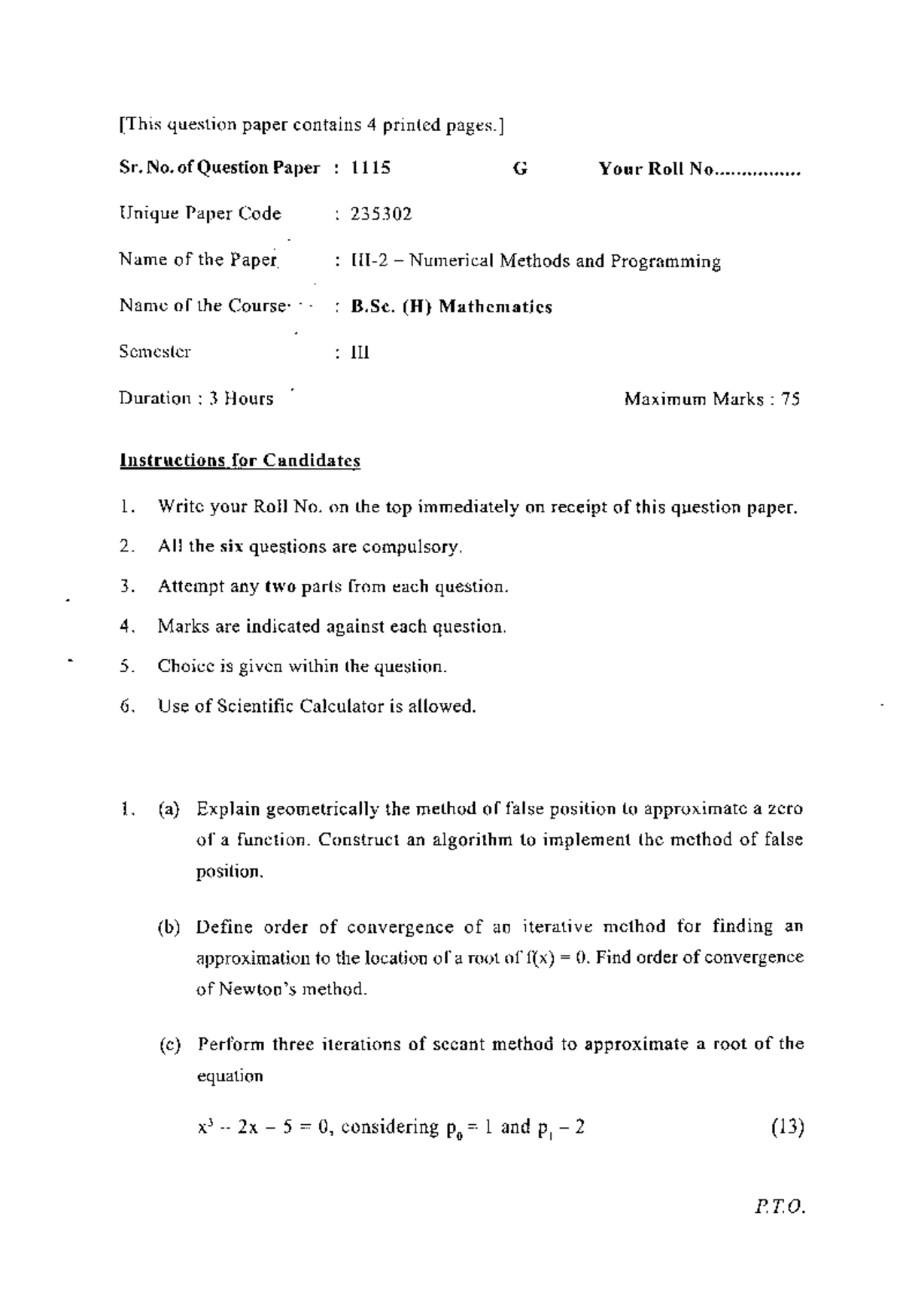 B.Sc. (H) III-2 Numerical Methods & Programming Question Paper 1115 ...