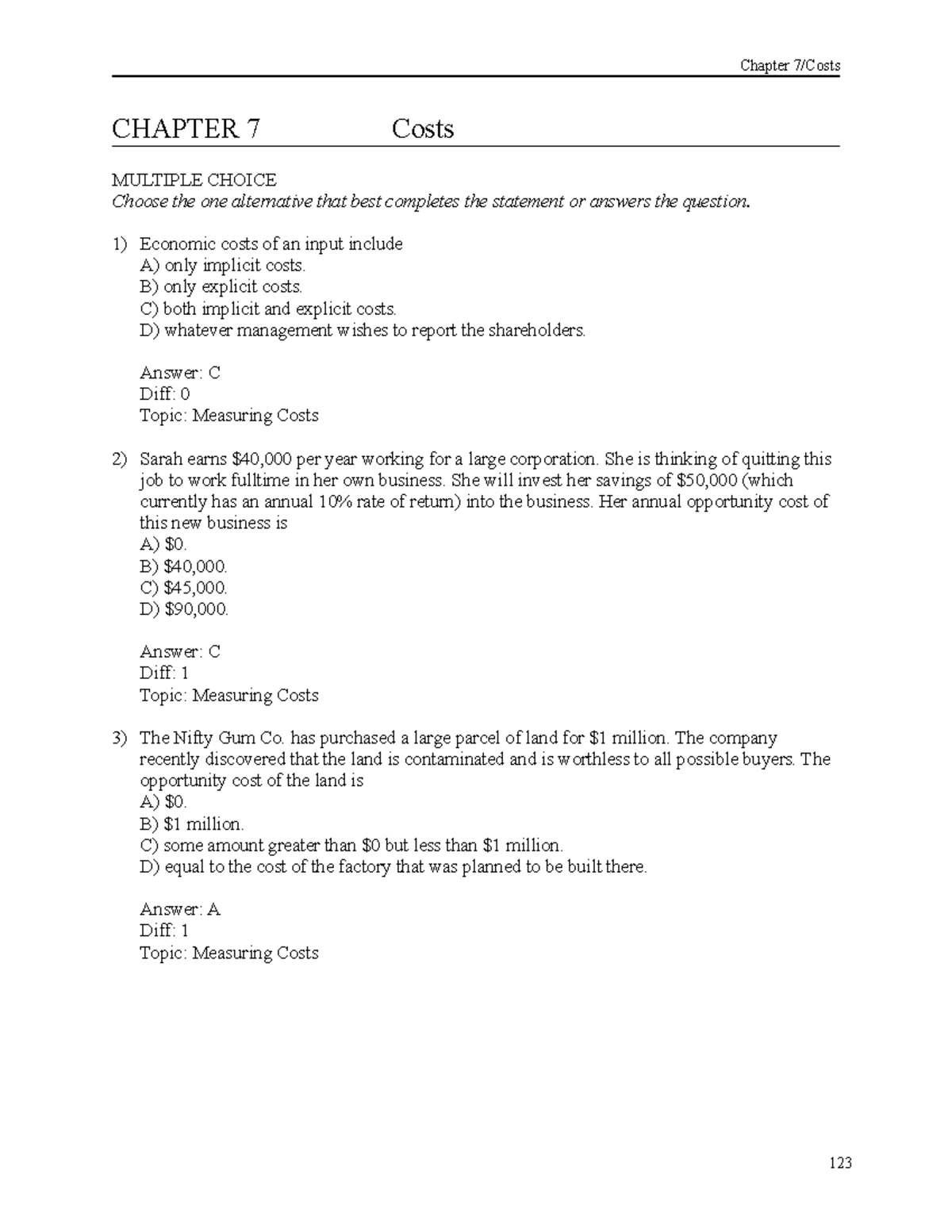 Chapter 7 Costs: Understanding Economic Concepts Through MC Questions ...