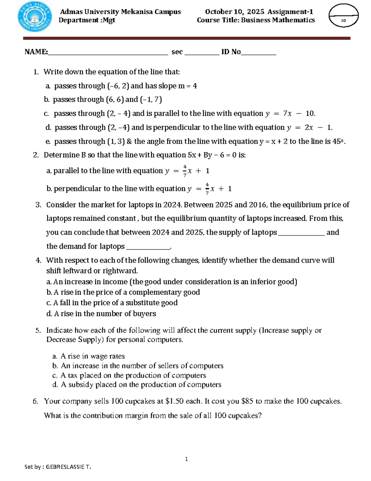 AU B. Business Mathematics Assignment 1 - Mekanisa Campus - Studocu