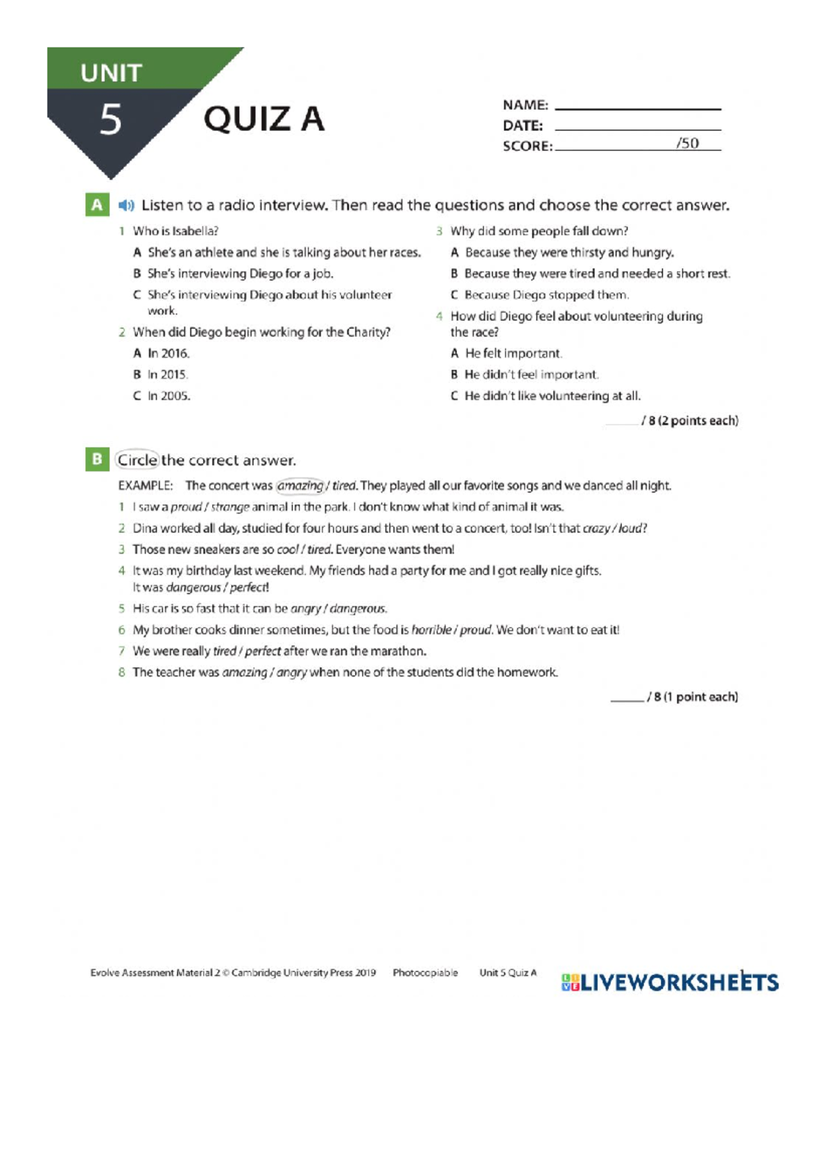 Unit 5 Quiz A: Listening and Grammar Exercises - Studocu