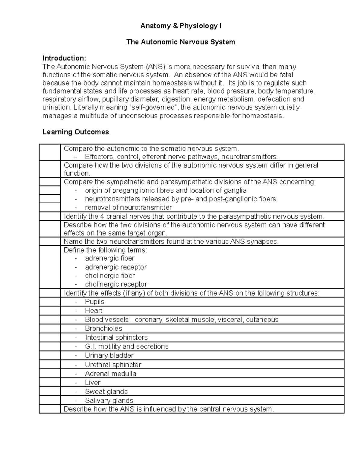 Overview of the Autonomic Nervous System - ANS Lecture Notes - Studocu
