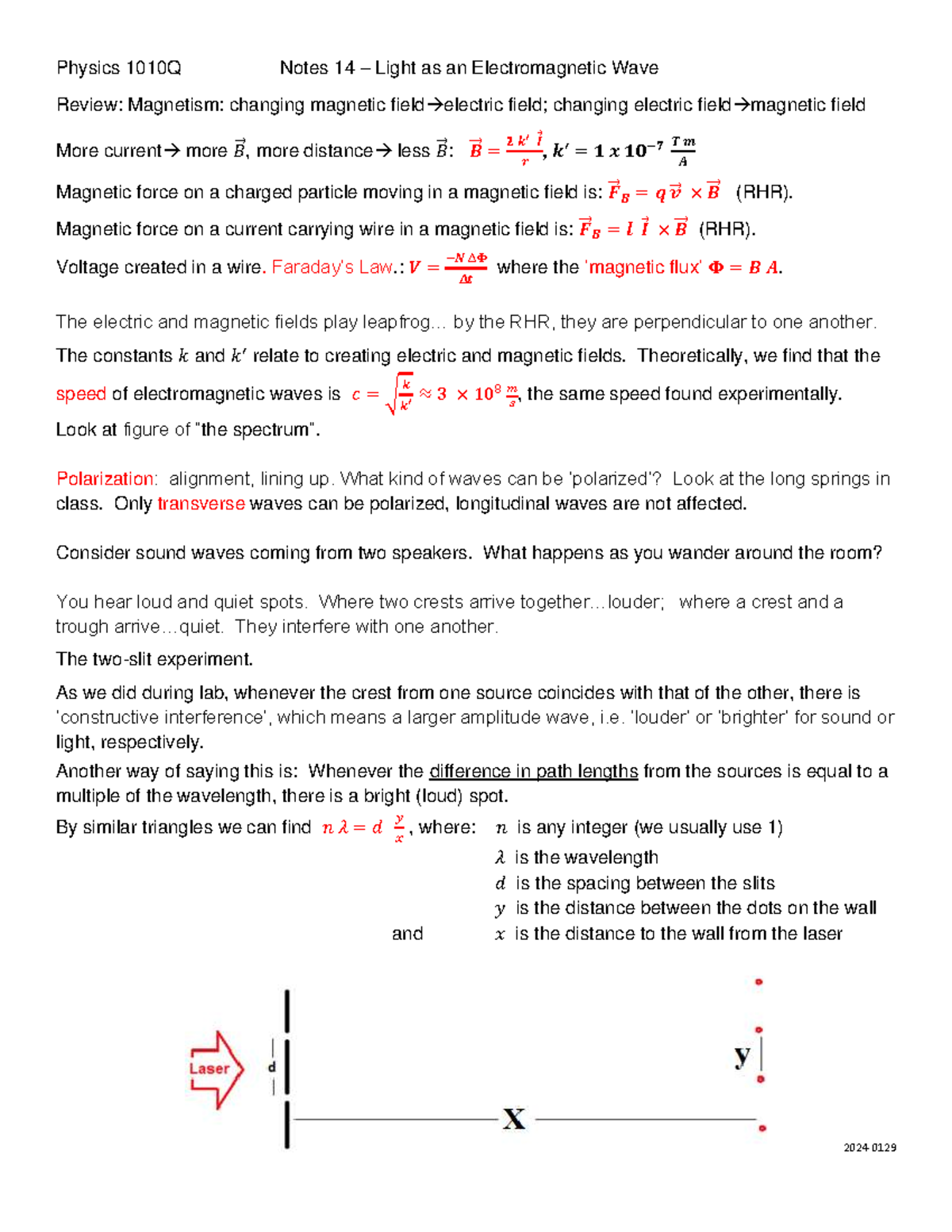 Physics 1010Q Lecture Notes 14: Light as an Electromagnetic Wave - Studocu