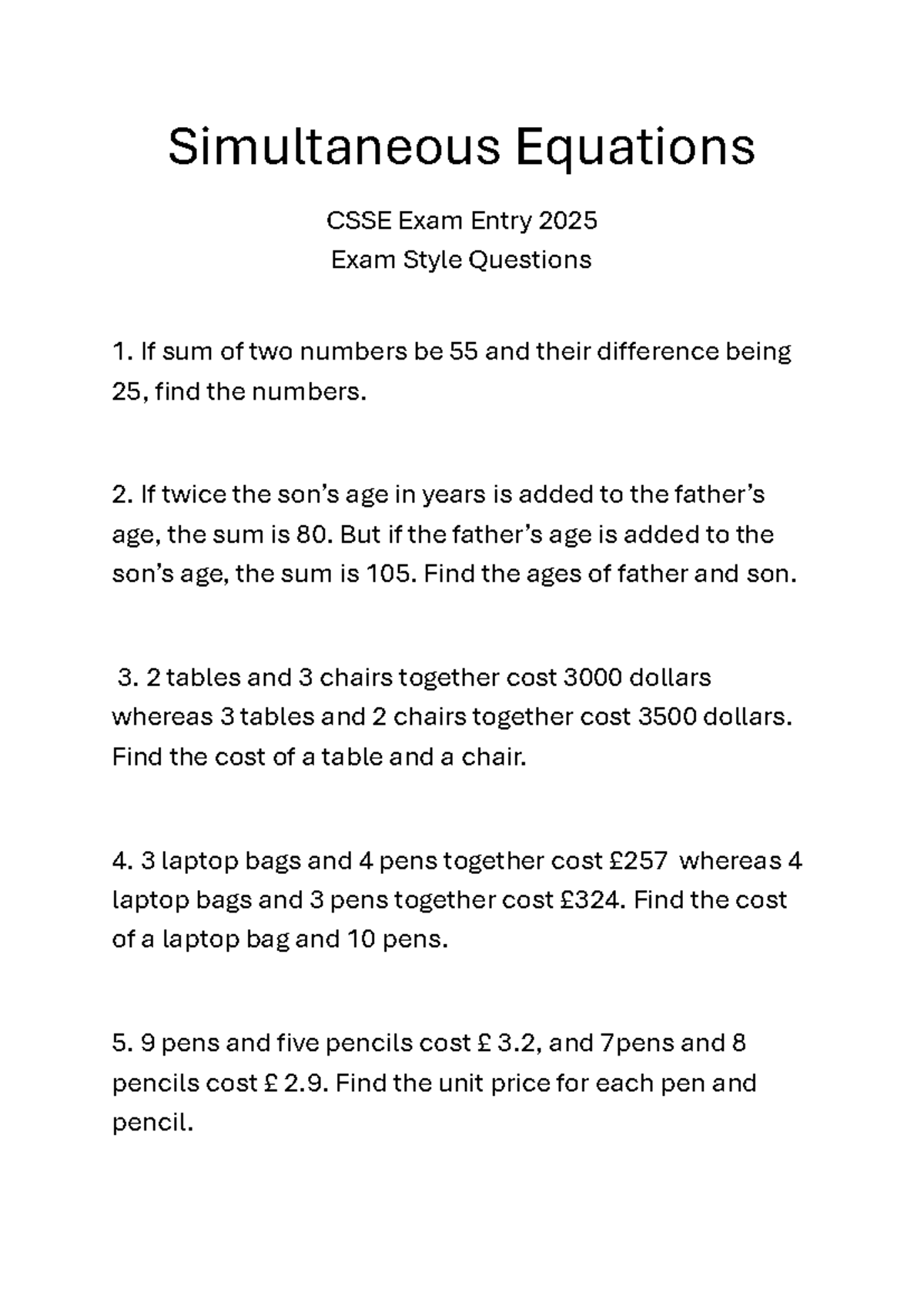 Simultaneous Equations Practice for CSSE Exam 2 (2025) - Studocu