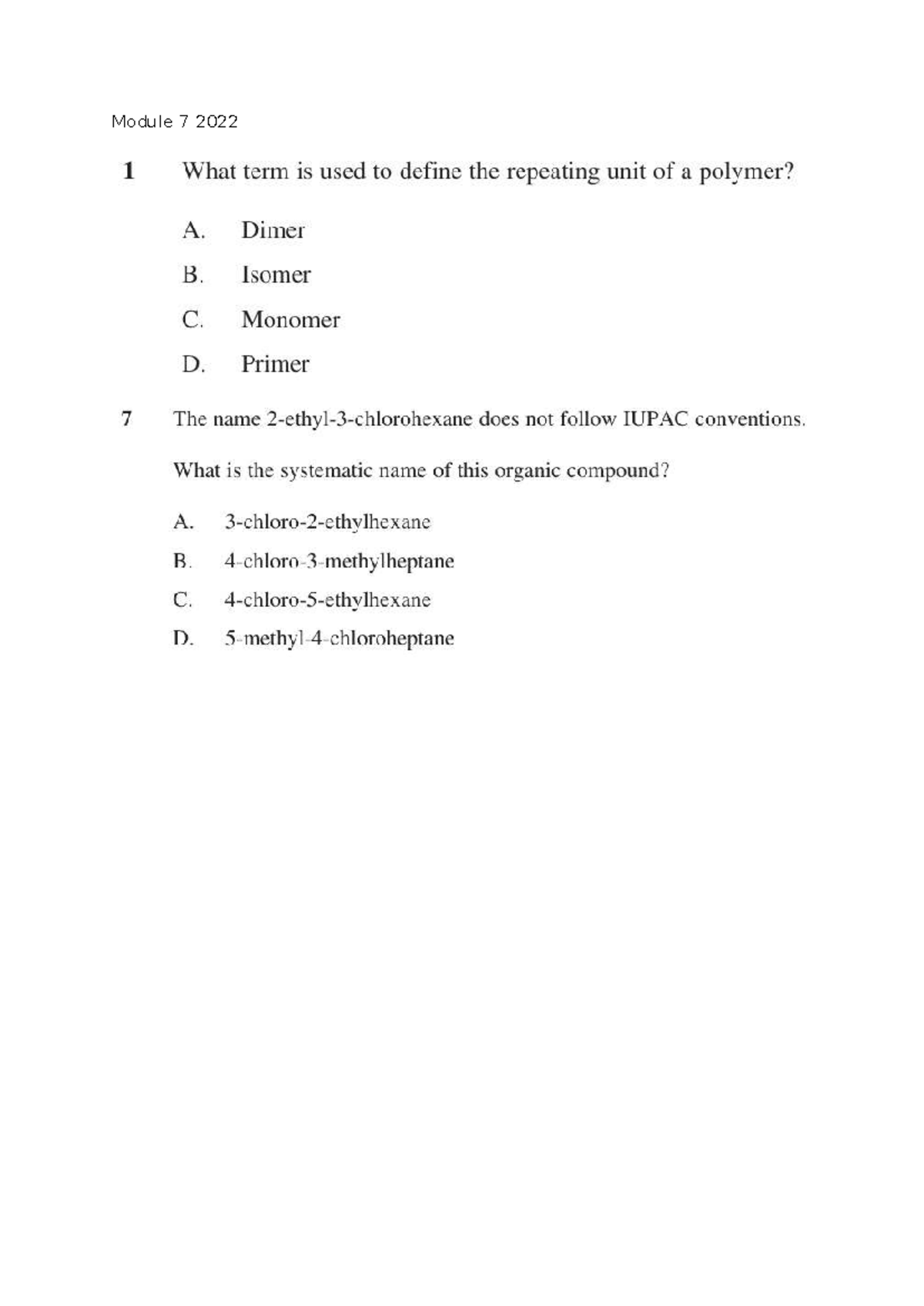 Module 7 2022: Polymer Chemistry Concepts and Reactions - Studocu