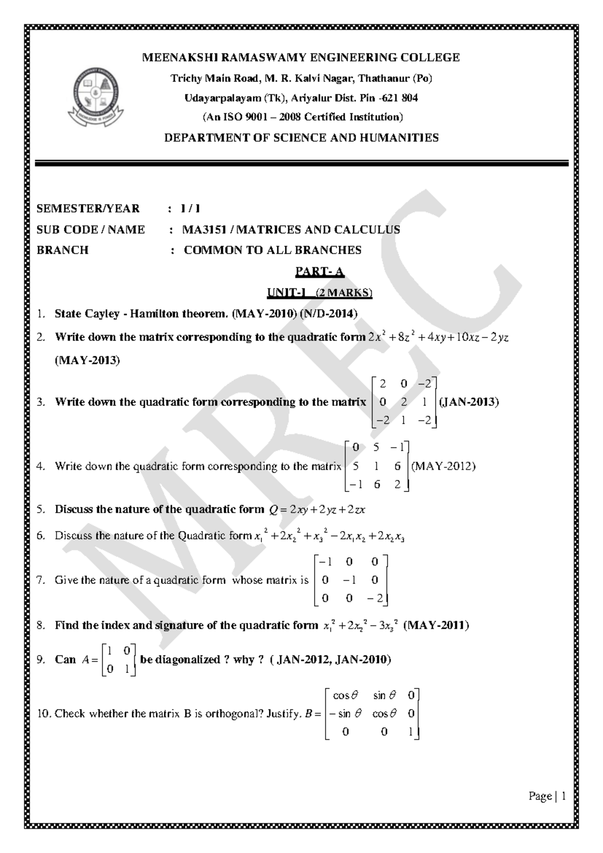 Question Bank for MA3151 Matrices and Calculus - Studocu