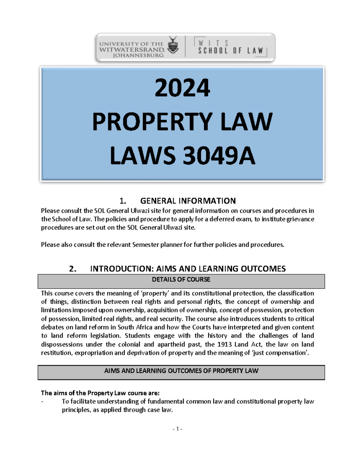 Property Law LAWS3049A Course Outline & Key Learning Outcomes - 2024 ...