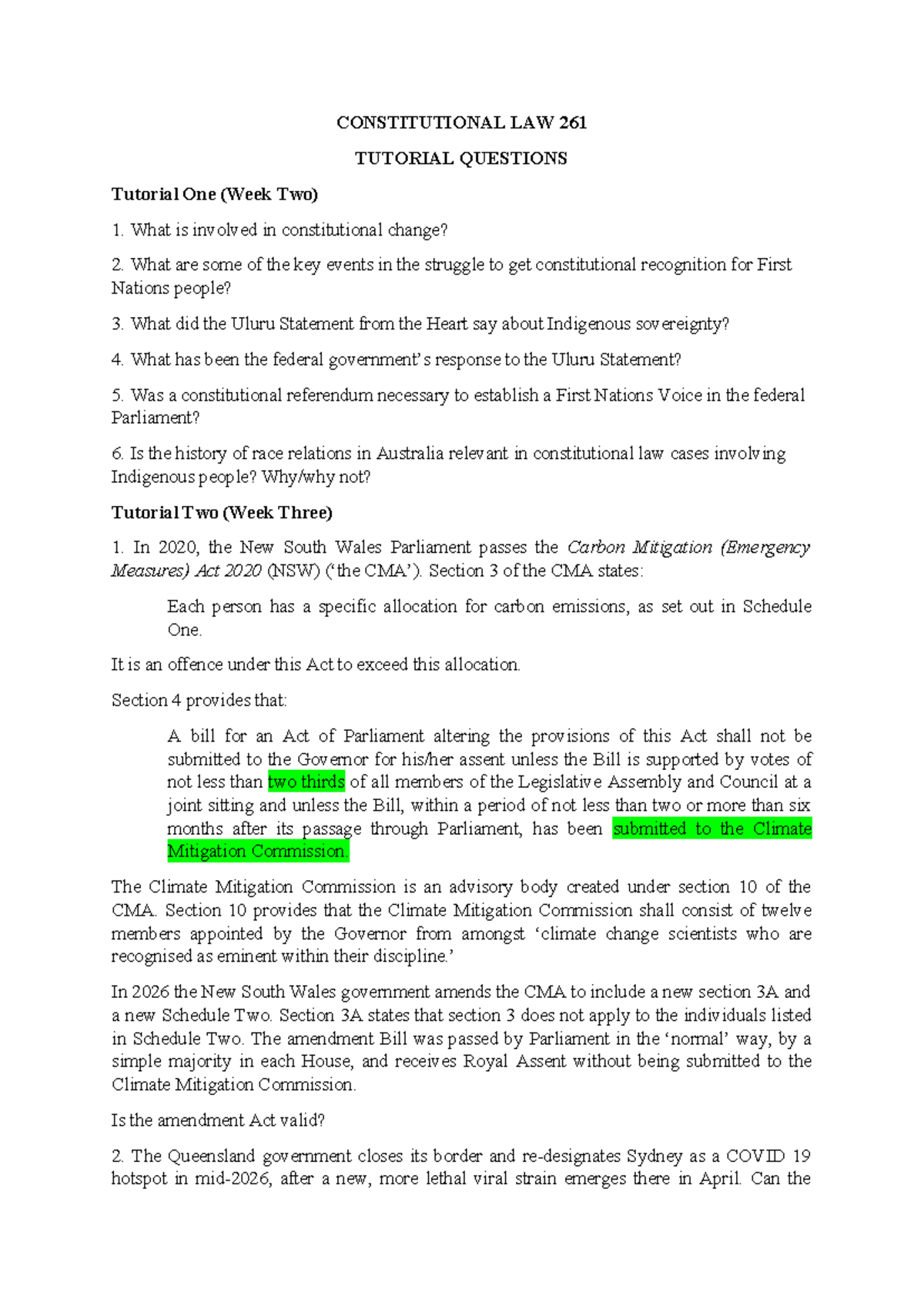 Constitutional Law 261: Comprehensive Tutorial Questions Overview - Studocu