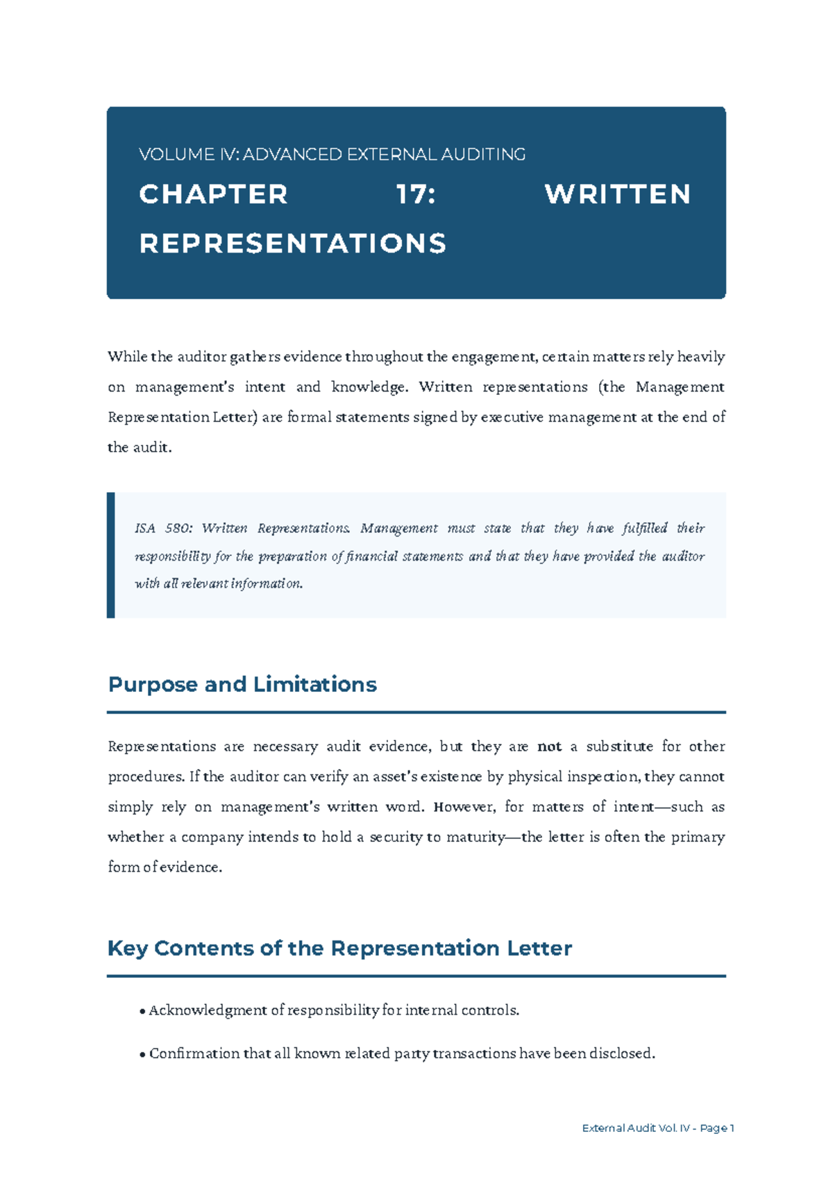 VOLUME IV: ADVANCED EXTERNAL AUDITING CH. 17 - WRITTEN REPRESENTATIONS ...