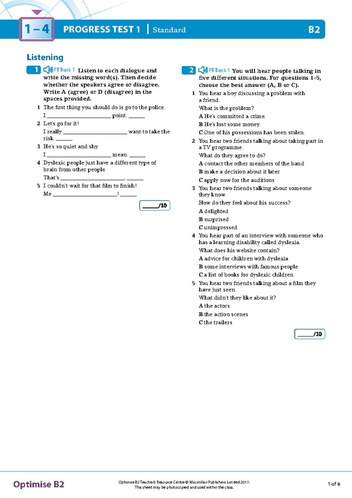 OPT B2 Progress test 1 standard - ####### Optimise B2 Teacher’s ...