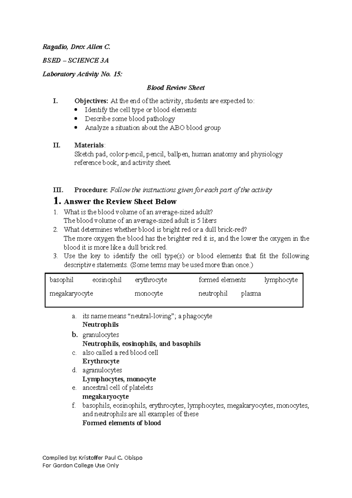 BSED SCIENCE 3A Lab Activity 15: Blood Review Sheet - Studocu
