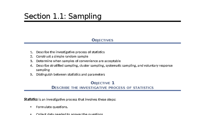 ESS Stats 3e 1.1 - Sampling Methods and Investigative Process - Studocu