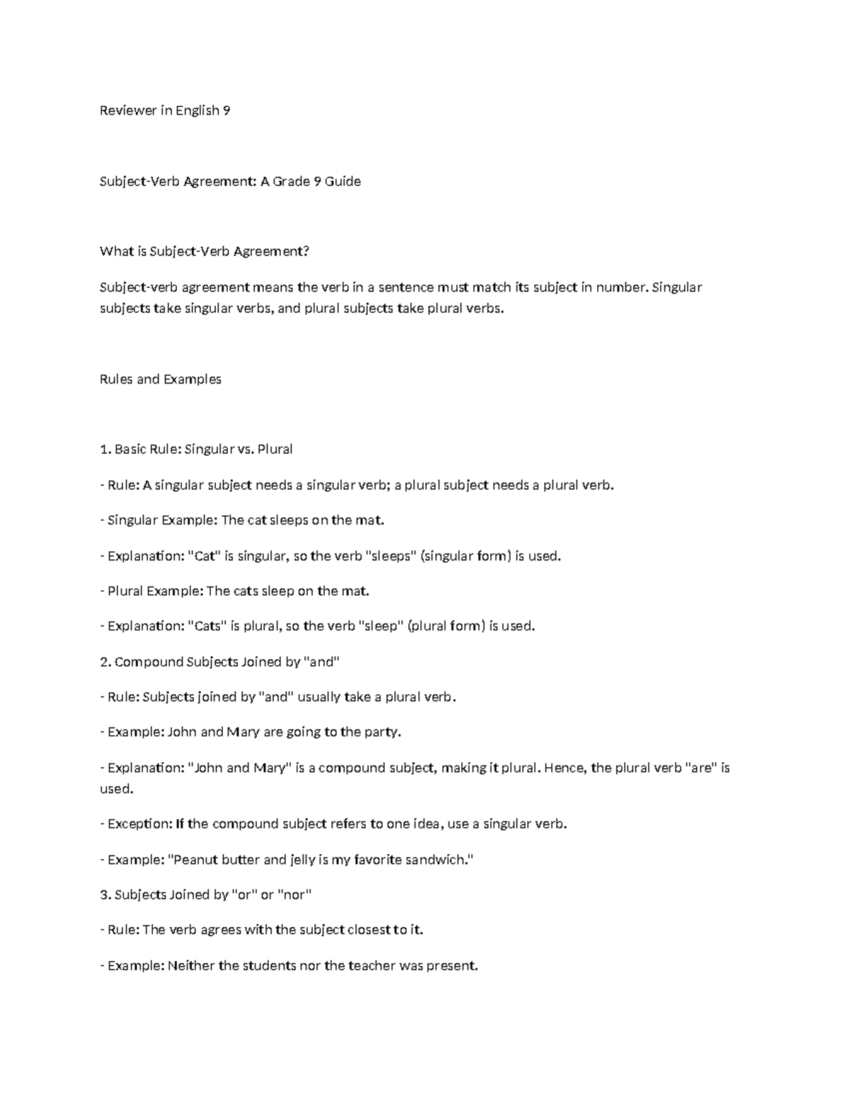 English 9 Reviewer: Understanding Agreement and Verbs in Sentences ...