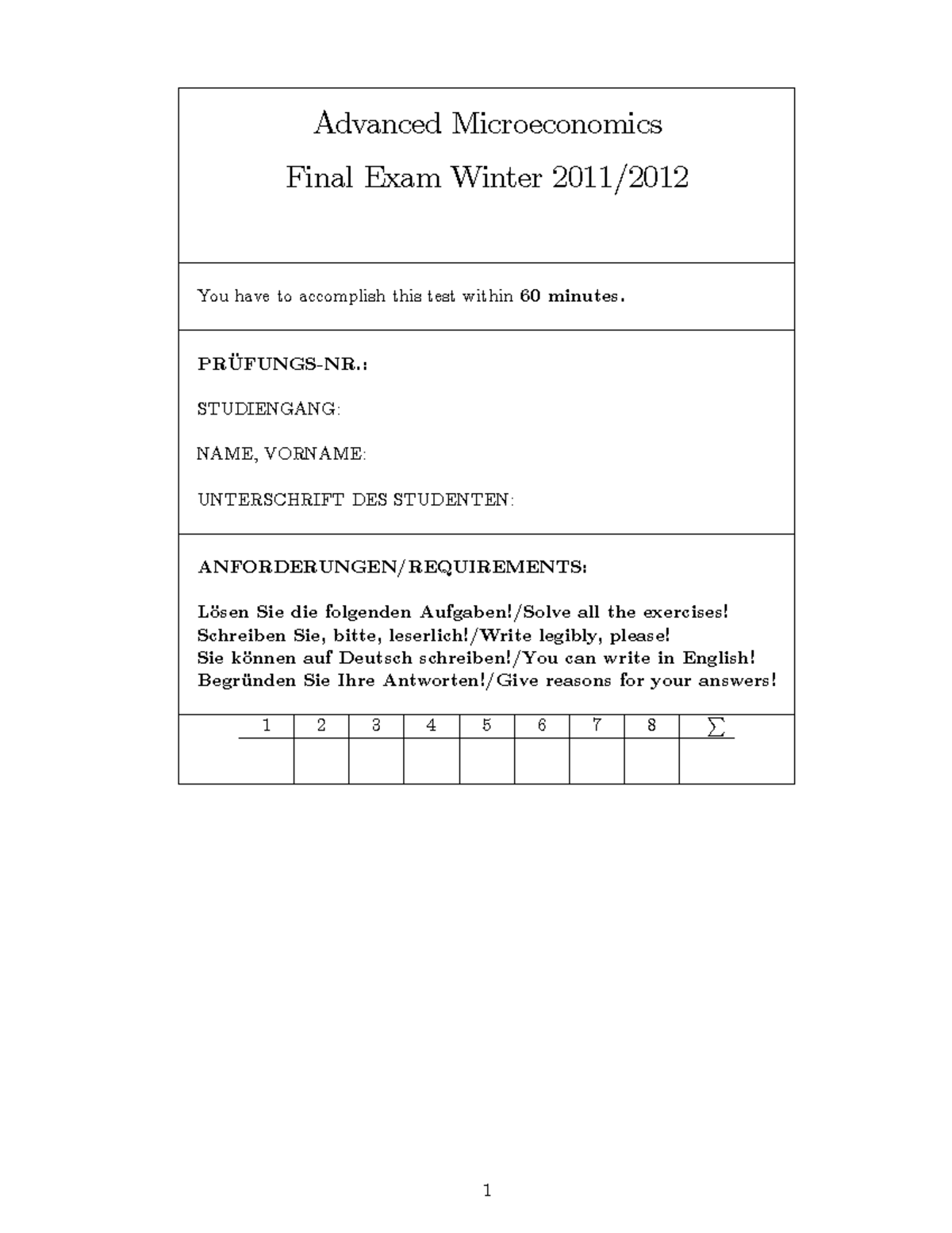 Advanced Microeconomics (ECON 501) Final Exam Solutions - Winter - Studocu