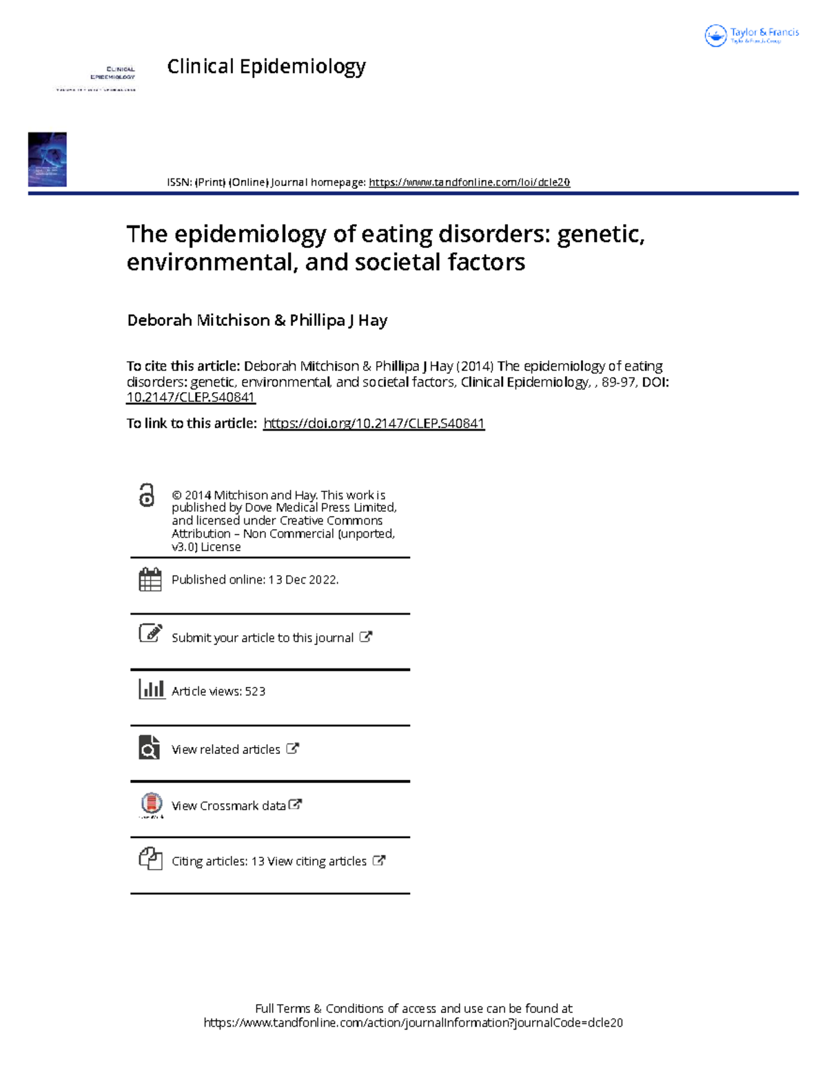 Clinical Epidemiology 2014: The Epidemiology of Eating Disorders ...