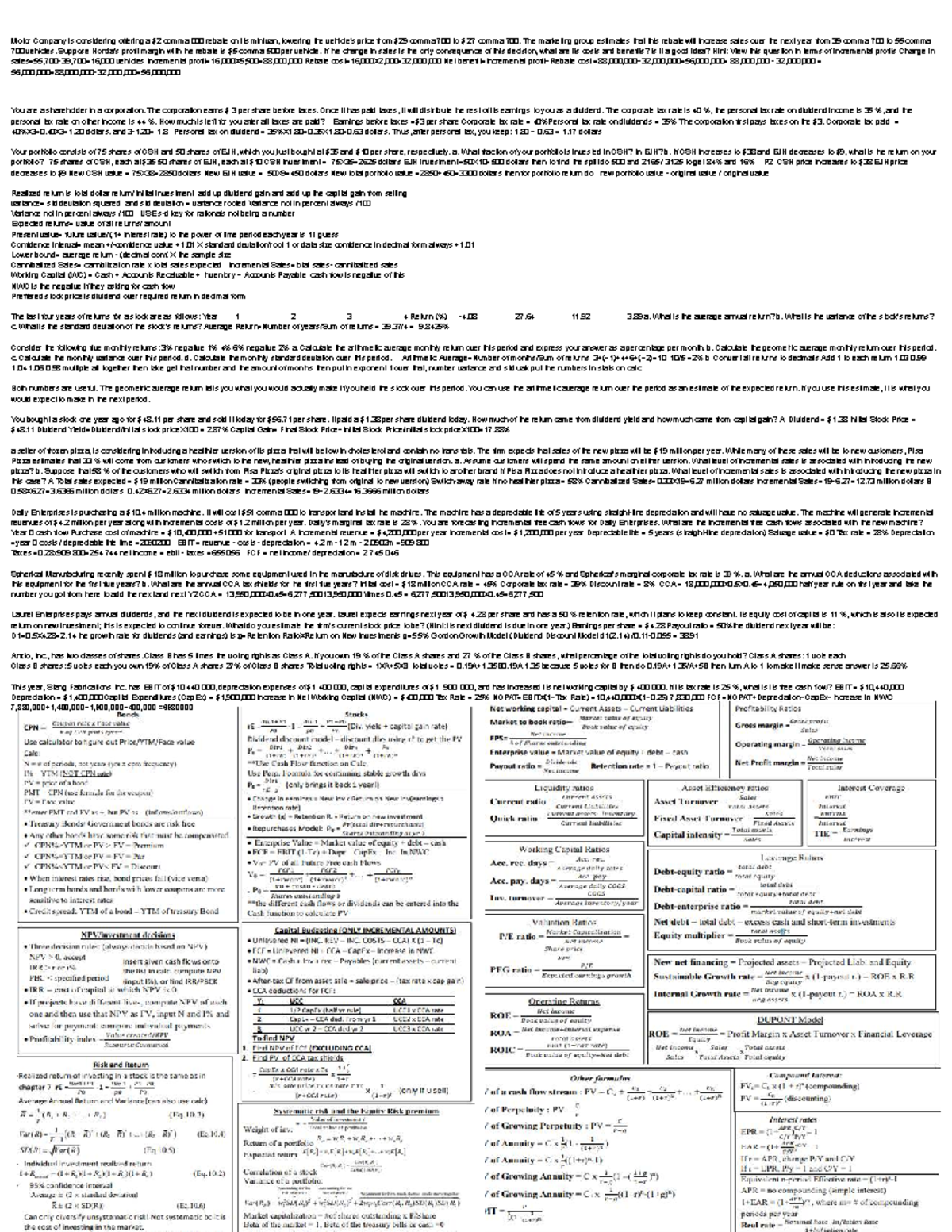 Fin 300 Study Sheet: Incremental Analysis & Cash Flow Calculations ...