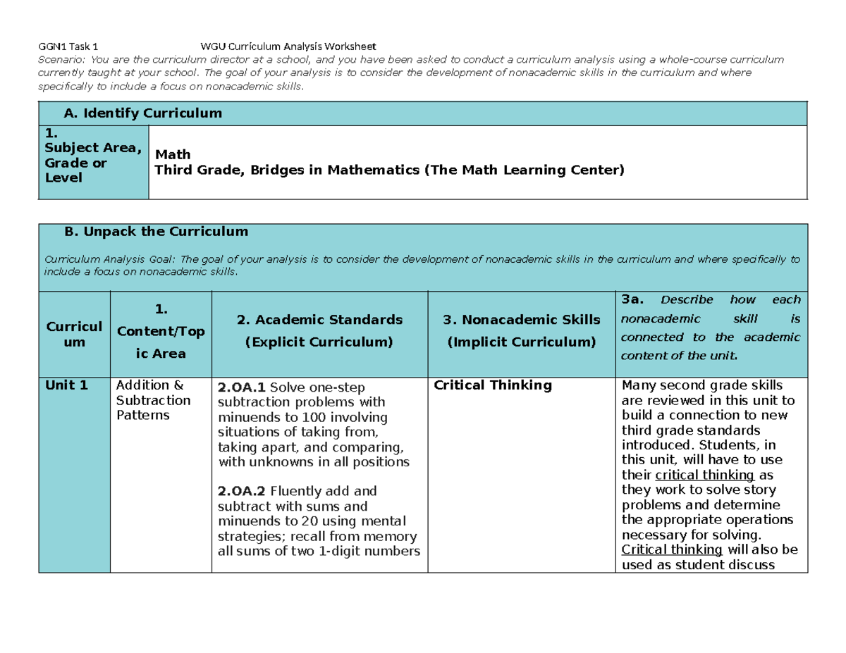 D630 Task 1 - WGU Curriculum Analysis of Bridges in Mathematics - Studocu