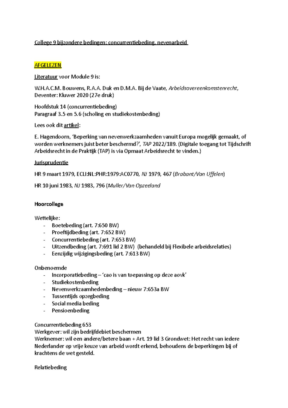 College 9 Concurrentiebeding en Bijzondere Bedingen in ...