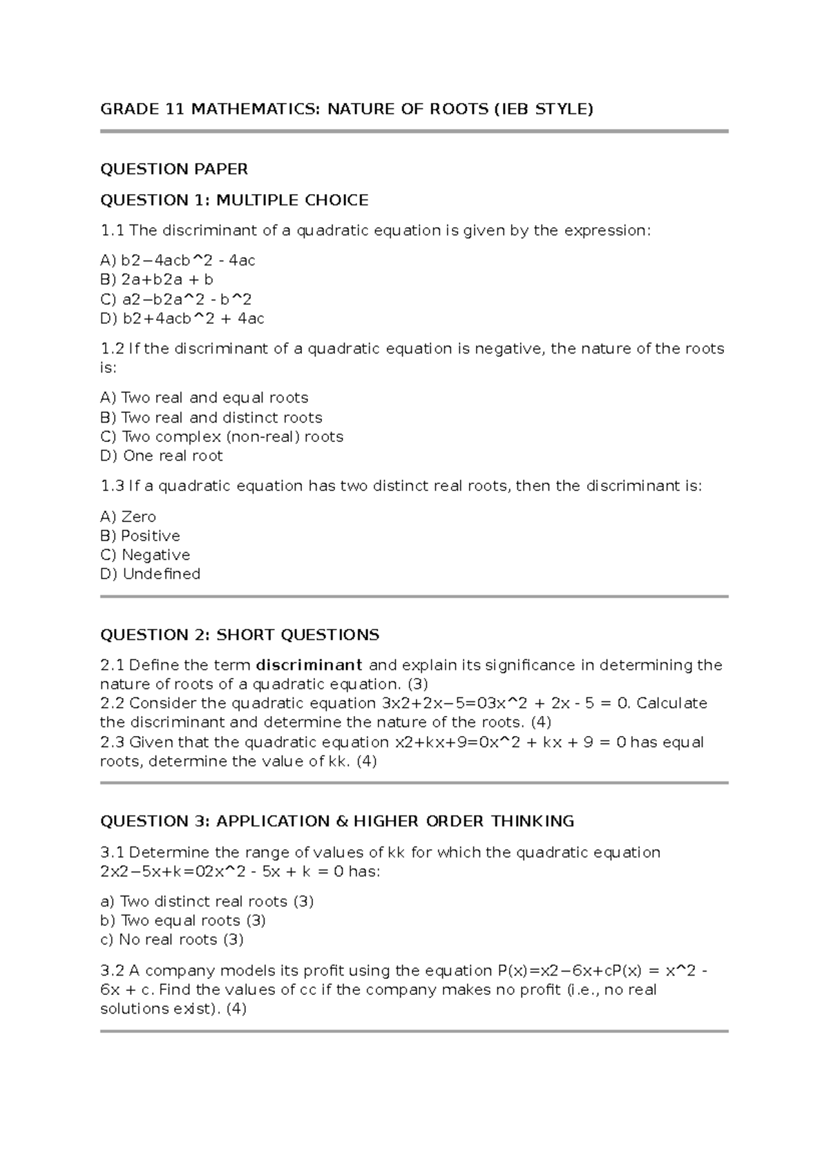 GRADE 11 MATHEMATICS: NATURE OF ROOTS QUESTION PAPER (IEB STYLE) - Studocu