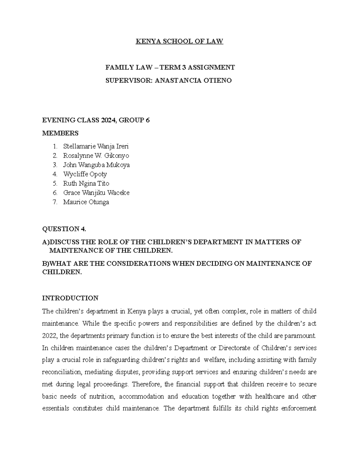 FAMILY LAW ASSIGNMENT: ROLE OF CHILDREN’S DEPT IN MAINTENANCE 2024 ...