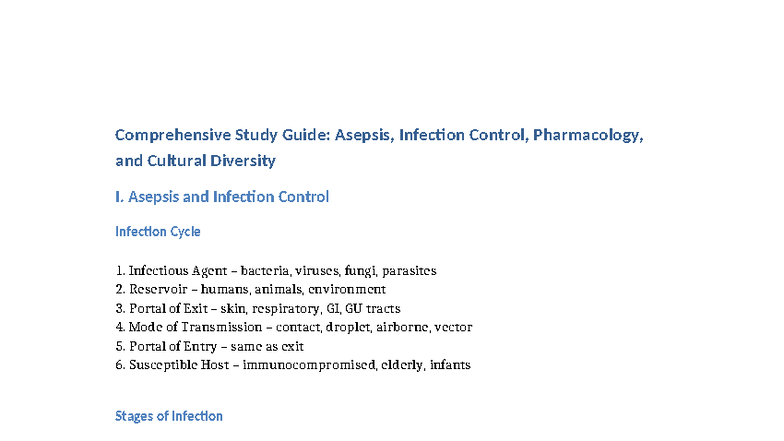 Comprehensive Study Guide: Asepsis, Infection Control & Pharmacology ...