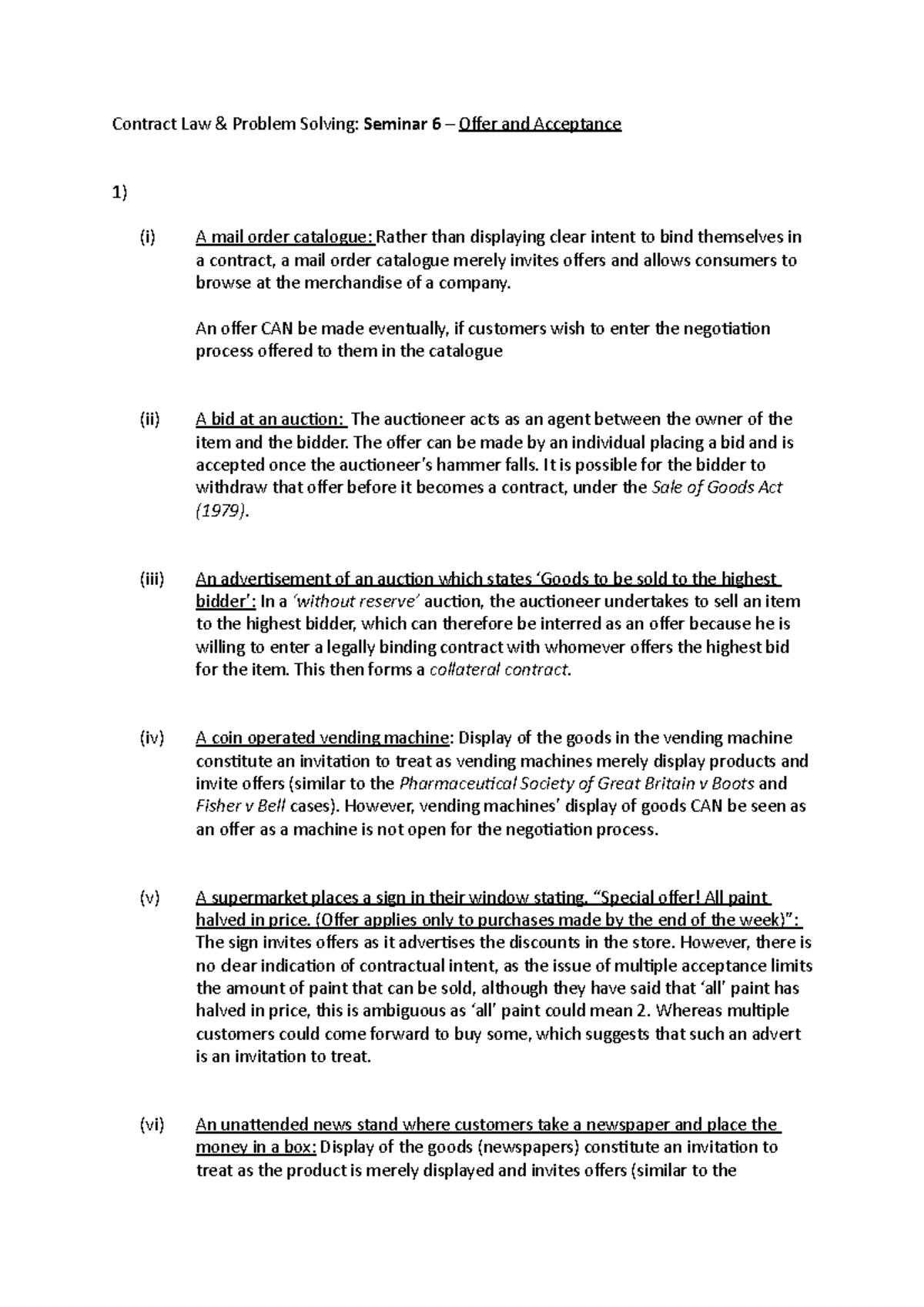 Contract Law (LAW101): Seminar 6 - Offer and Acceptance Analysis - Studocu