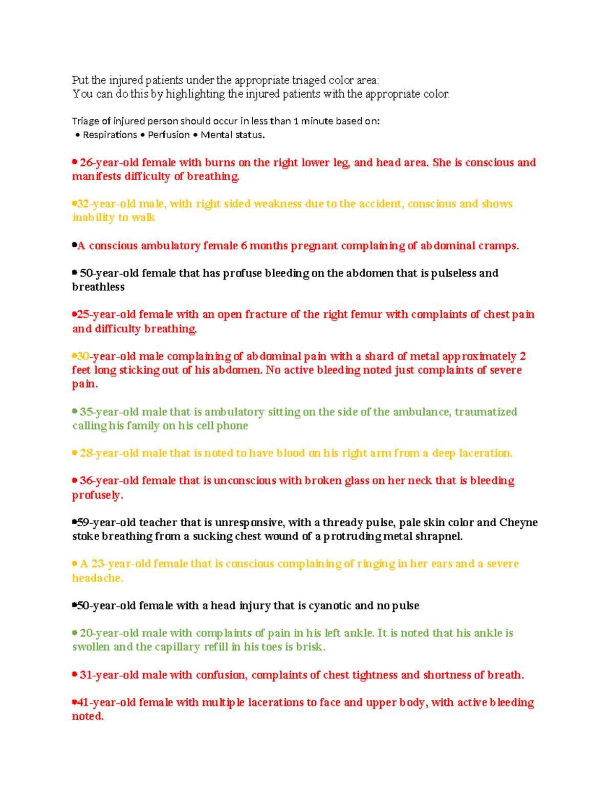 Triage Assessment of Injured Patients: Color-Coded Responses - Studocu