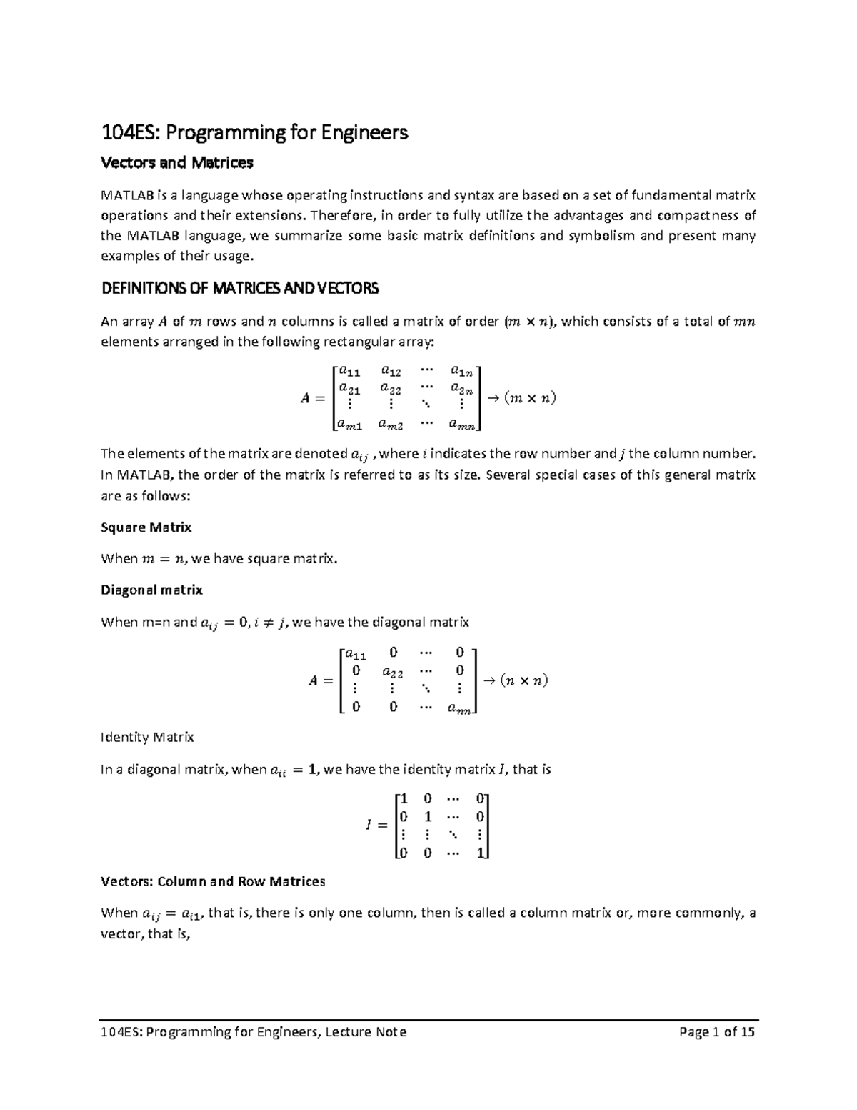 104ES: Programming for Engineers - Vectors & Matrices in MATLAB - Studocu