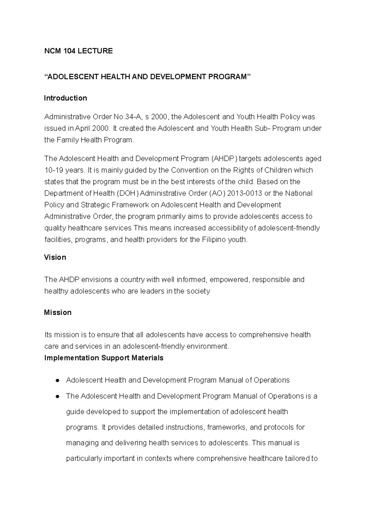 Adolescent Health and Development Program - NCM 104 Lecture Notes - Studocu