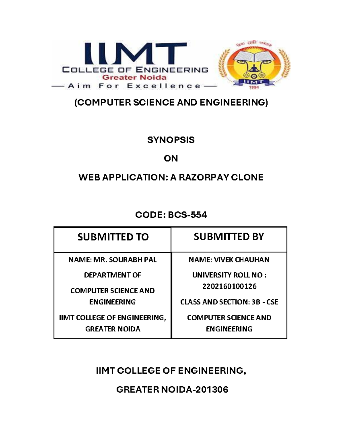 MINI Project Synopsis - (COMPUTER SCIENCE AND ENGINEERING) SYNOPSIS ON ...