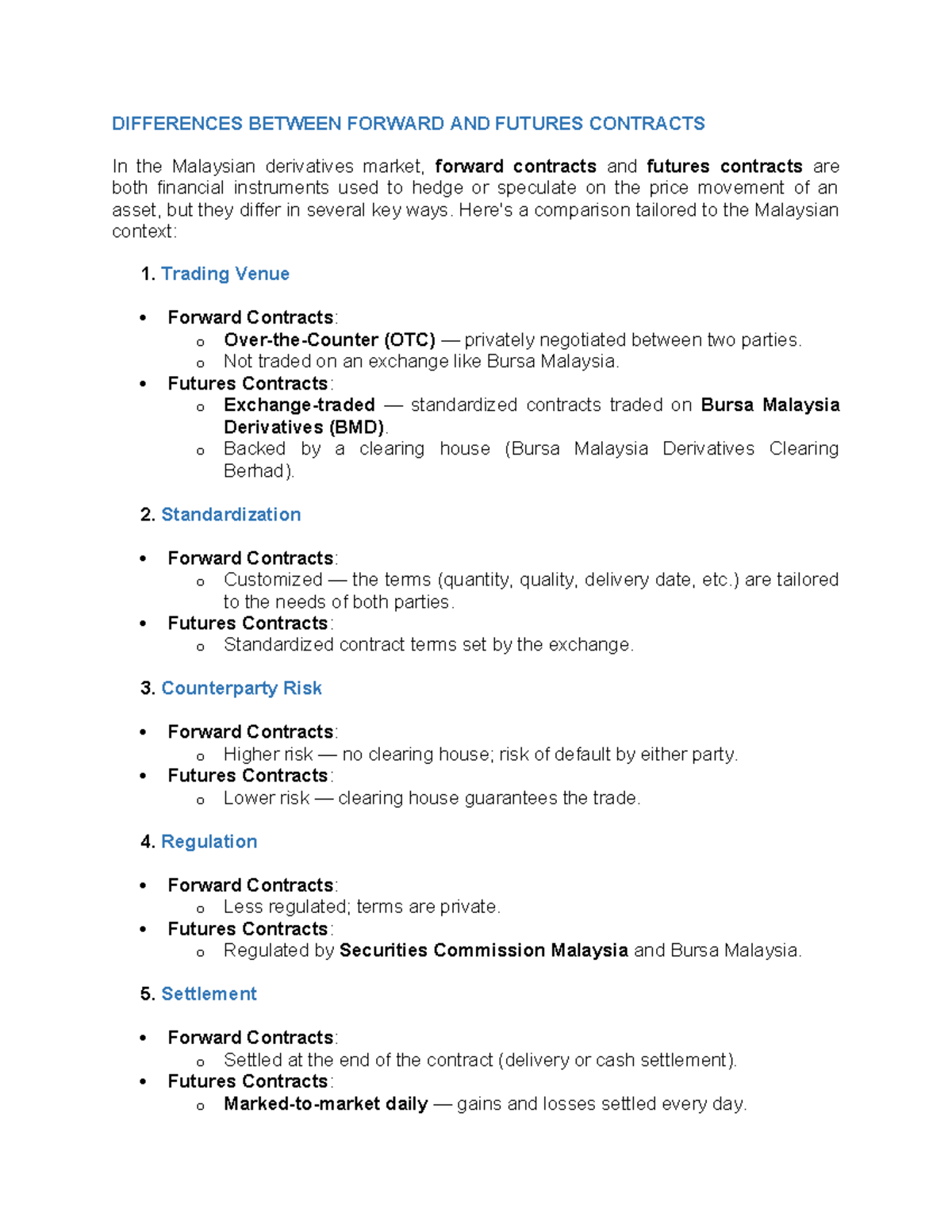 Differences Between Forward and Futures Contracts in Malaysia - Studocu